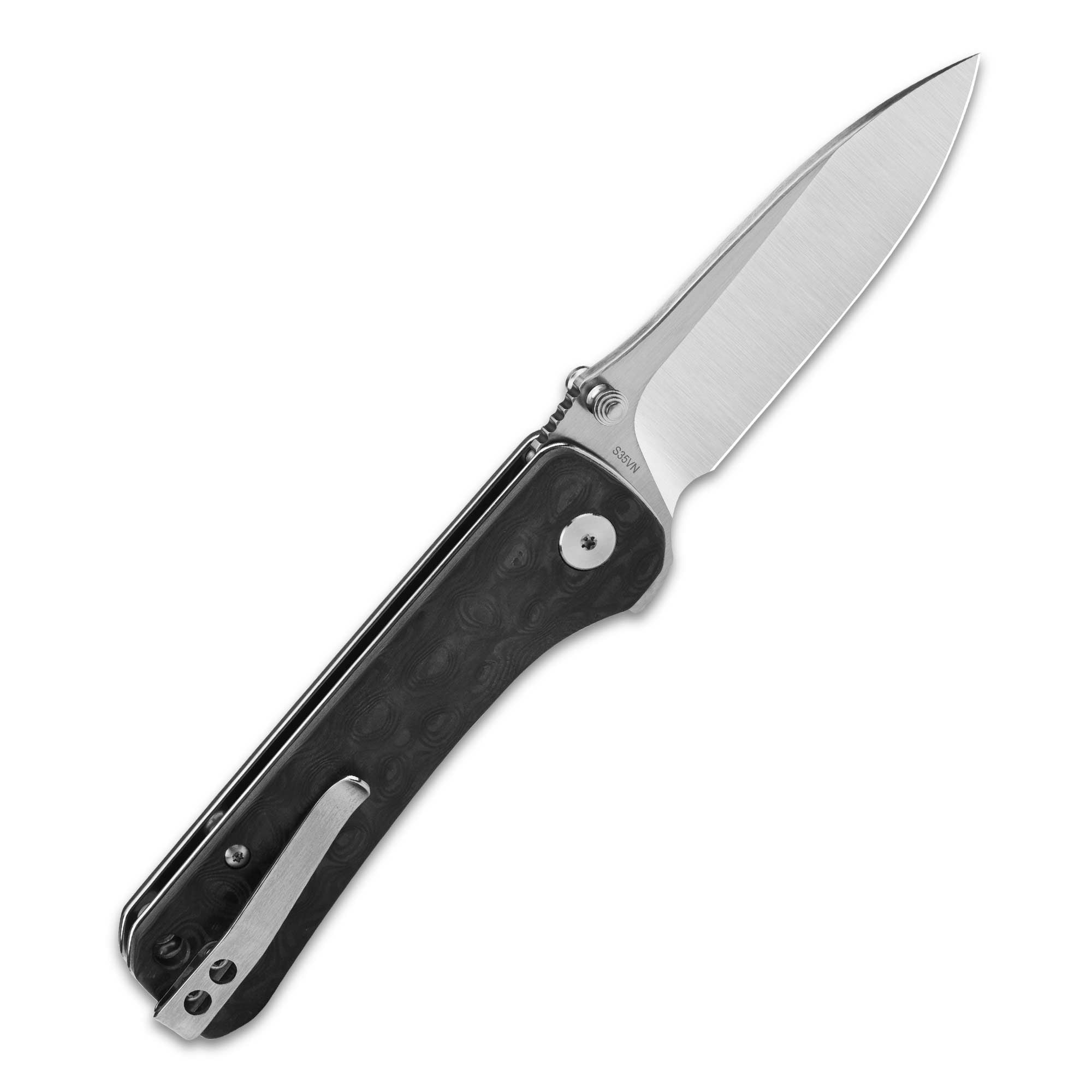 Premium QSP Hawk Liner Lock Pocket Knife - Damascus/S35VN Laminated Blade & Marbled Carbon Fiber Handle - EDC, Outdoor, Camping, Survival Tool
