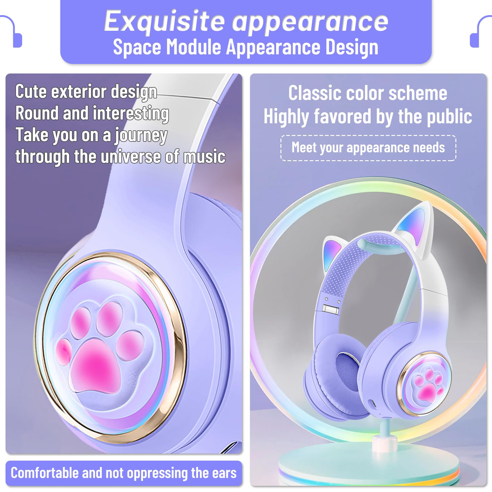 **Kids Bluetooth Noise Cancelling Headphones with LED Cat Ears - Foldable, Built-in Mic & TF Card Support - Wireless Headphones for iPad, Travel, School & Home Use**