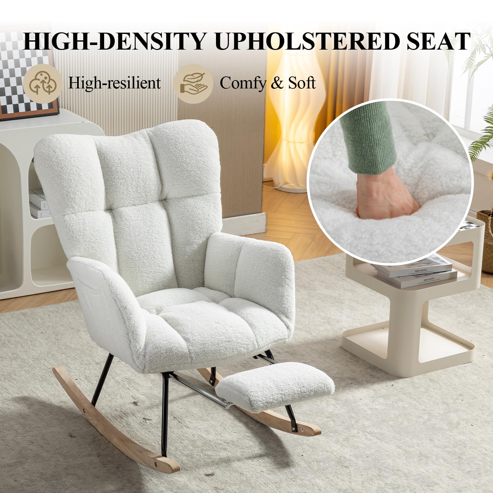 Comfortable Teddy Upholstered Nursery Rocking Chair with Side Pocket & Adjustable Footrest - Soft Glider Recliner for Living Room, Bedroom, Nursery - Perfect for Nursing, Reading & Relaxing (Ivory)
