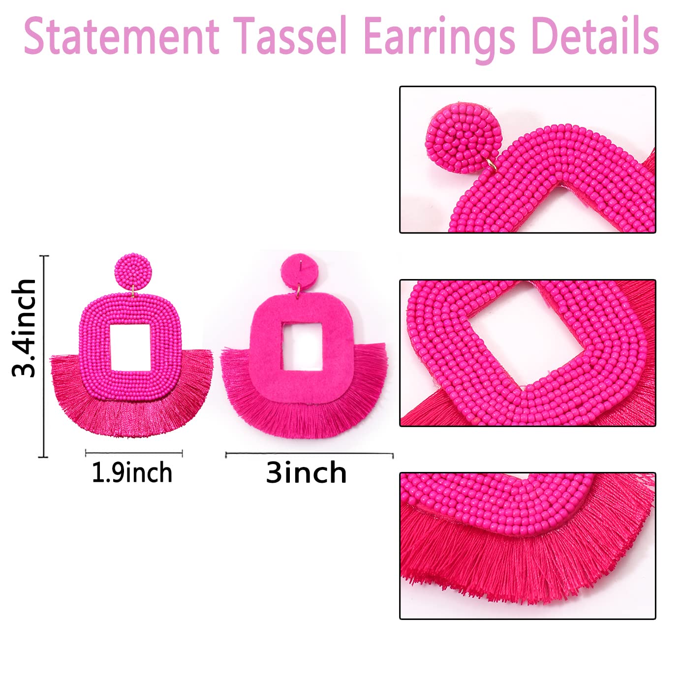 Handmade Bohemian Large Beaded Tassel Earrings for Women - Geometric Square Hoop Statement Earrings with Fan-Shaped Fringe Drop Dangle | Perfect for Parties, Weddings & Boho Fashion Accessories