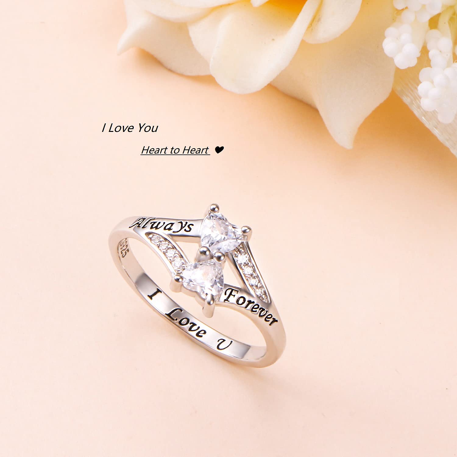 FLYOW 925 Sterling Silver Heart Ring - I Love You Always & Forever Jewelry for Women, Mom, Wife, Sister, Daughter | Perfect Engagement, Birthday, Anniversary Gift for Her | Elegant & Sentimental Present for Special Occasions