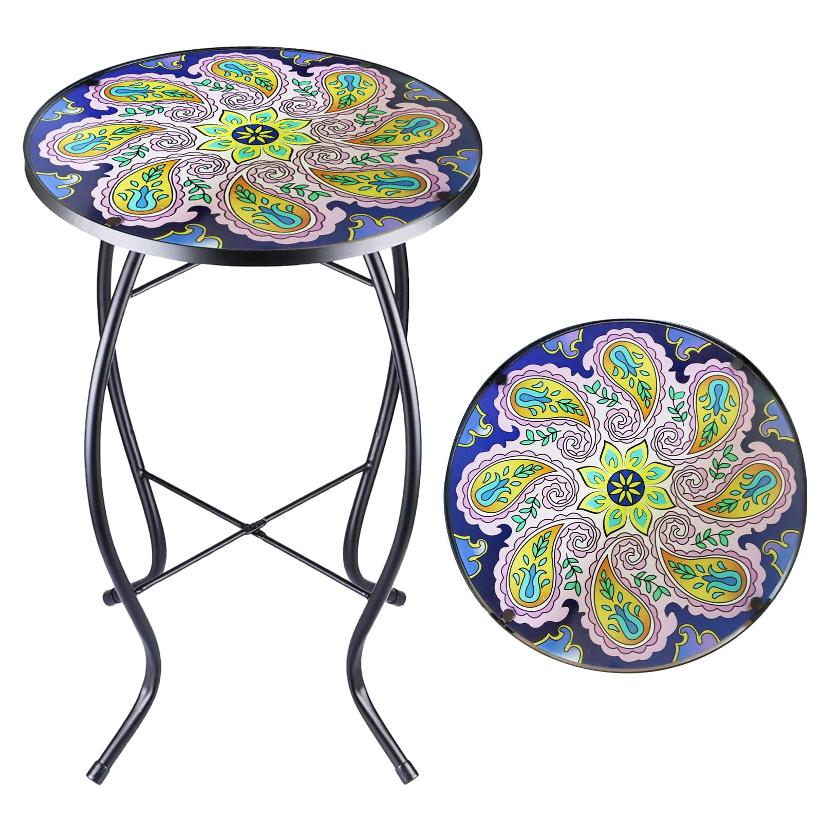 14 Inch Round Glass Mosaic Side Table with Purple Flower Design - Outdoor Patio Coffee Table for Living Room, Balcony & Garden - Perfect for Tea Time, Plant Display & Relaxing Moments