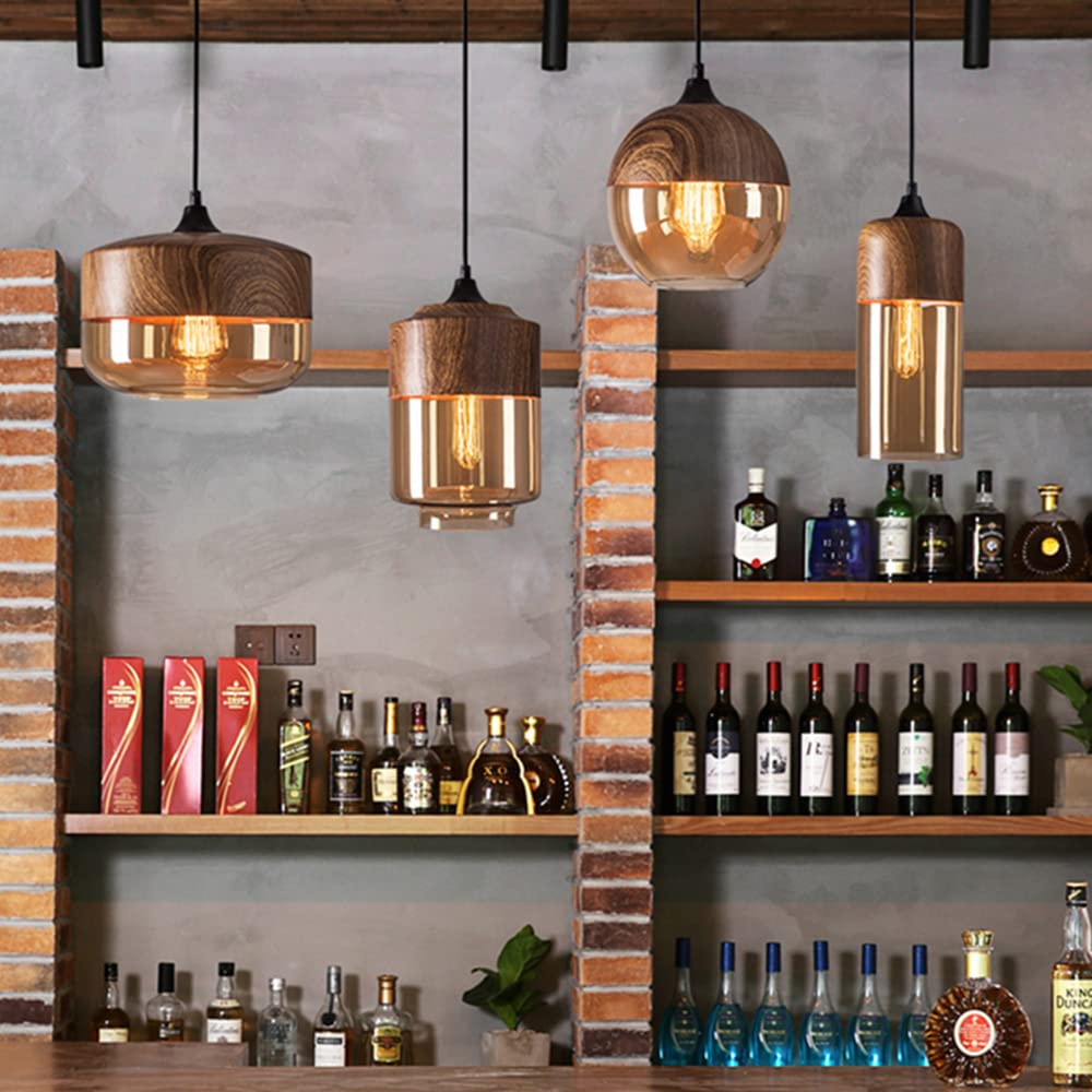 LITFAD Modern 1-Light Nordic Pendant Lamp - Walnut Wood Finish & Geometric Glass Shade - 110V-120V Hanging Ceiling Light for Cafe, Kitchen Island, Dining Room & Living Room Decor