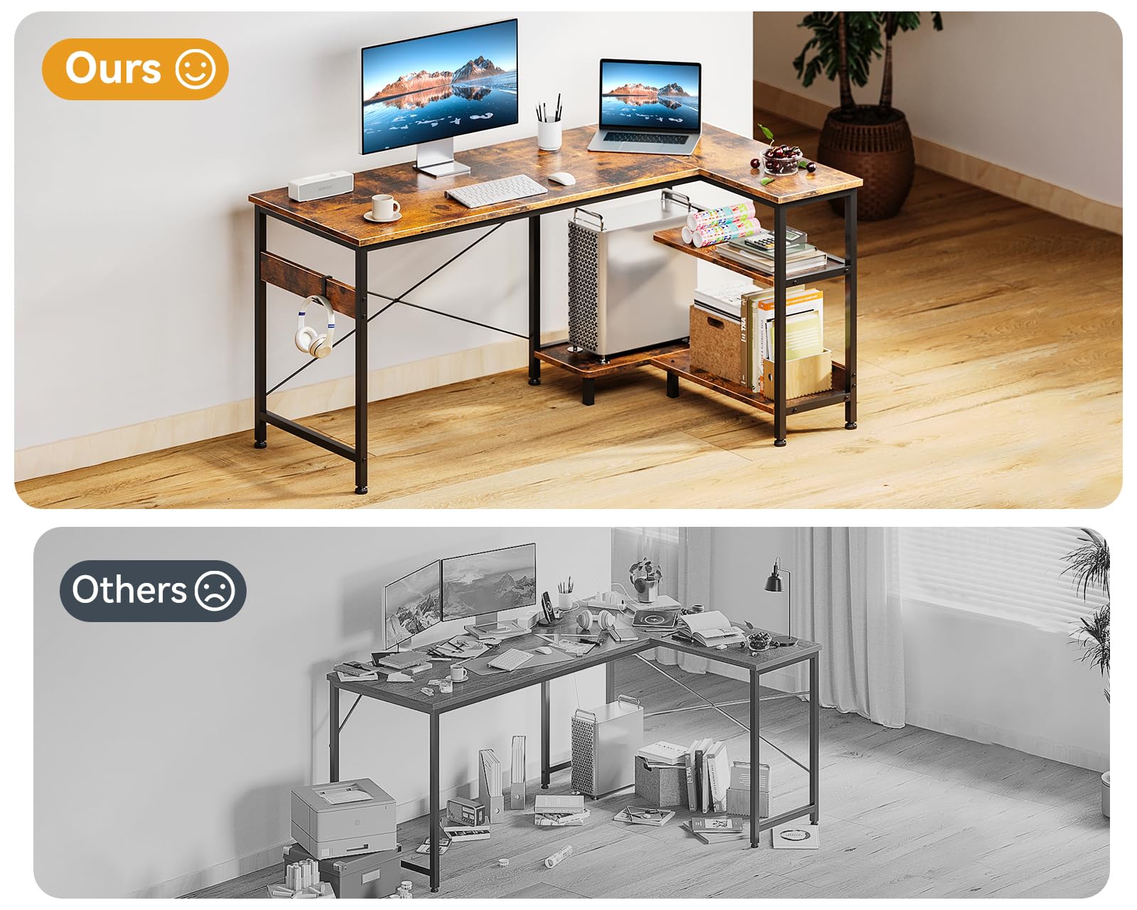 ODK 40 Inch Small L-Shaped Corner Desk with Reversible Storage Shelves & Monitor Stand - Space-Saving Home Office Desk for Small Spaces, Rustic Brown - Perfect for Gaming, Studying & Remote Work