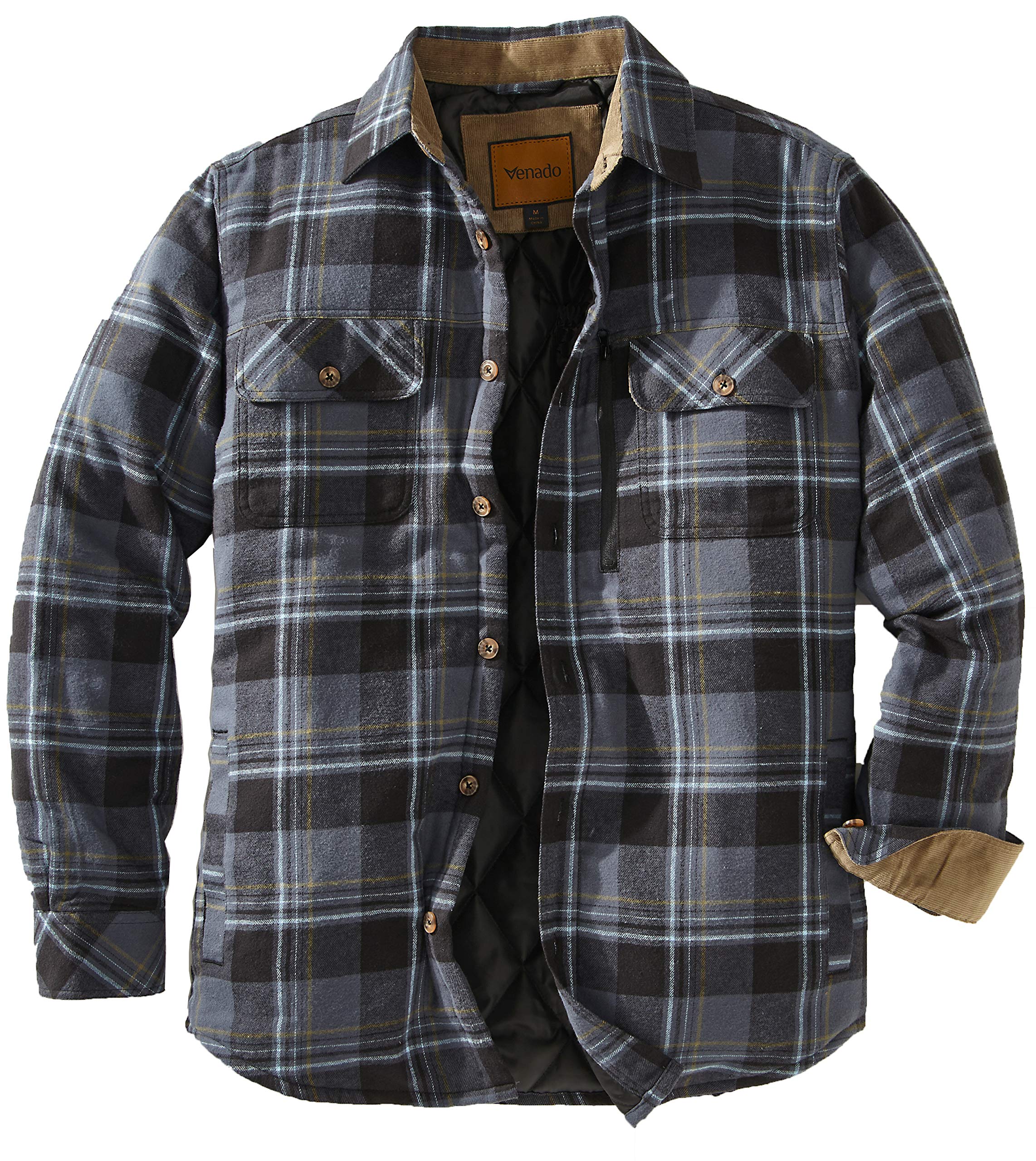 Venado Men's Plaid Flannel Shirt Jacket - Long Sleeve Quilted Lined Brushed Flannel Shirt for Outdoor Camping, Hiking & Casual Wear