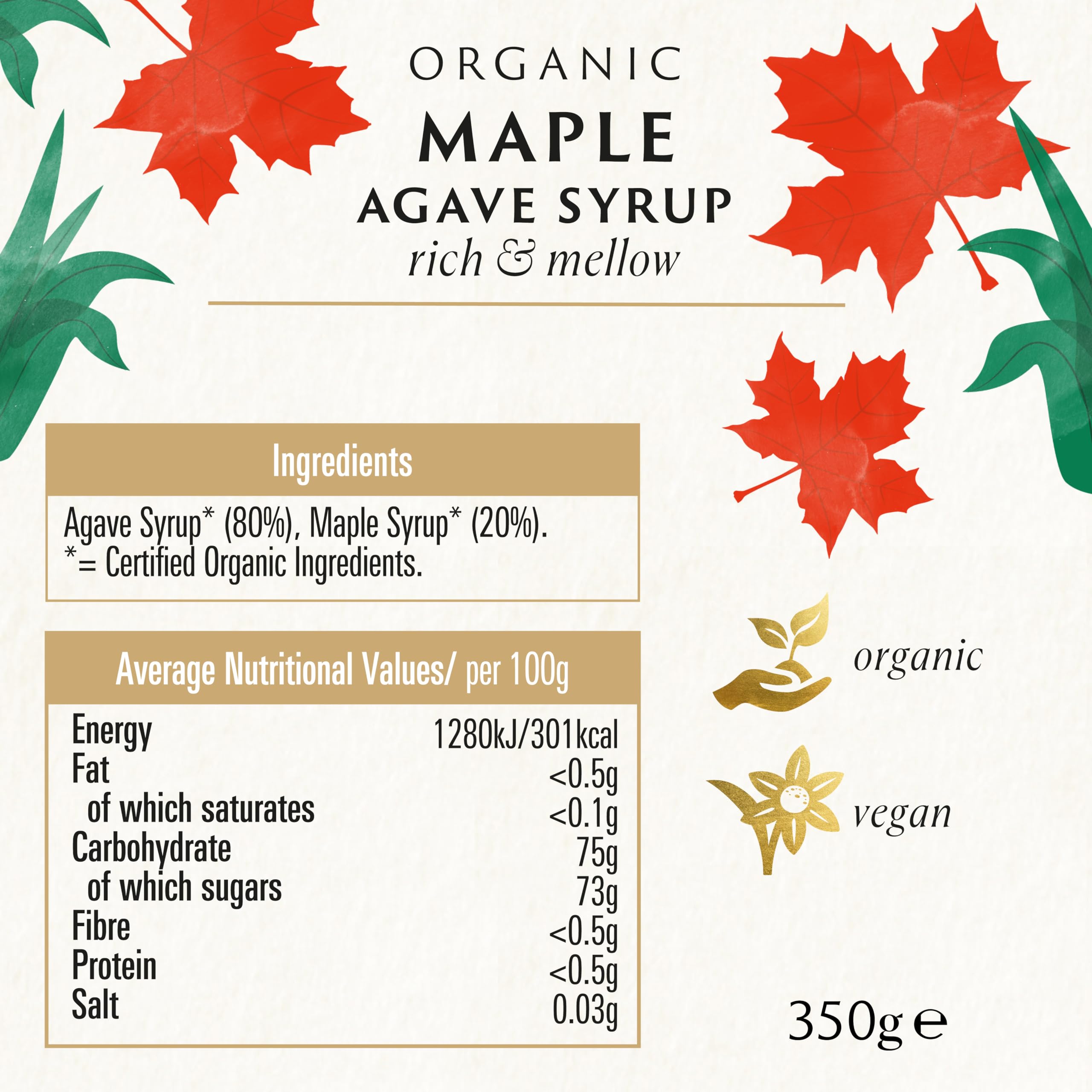 Biona Organic Agave Syrup - Natural Sweetener, Maple Flavor, 350g - Perfect for Baking, Coffee, Tea & Healthy Recipes