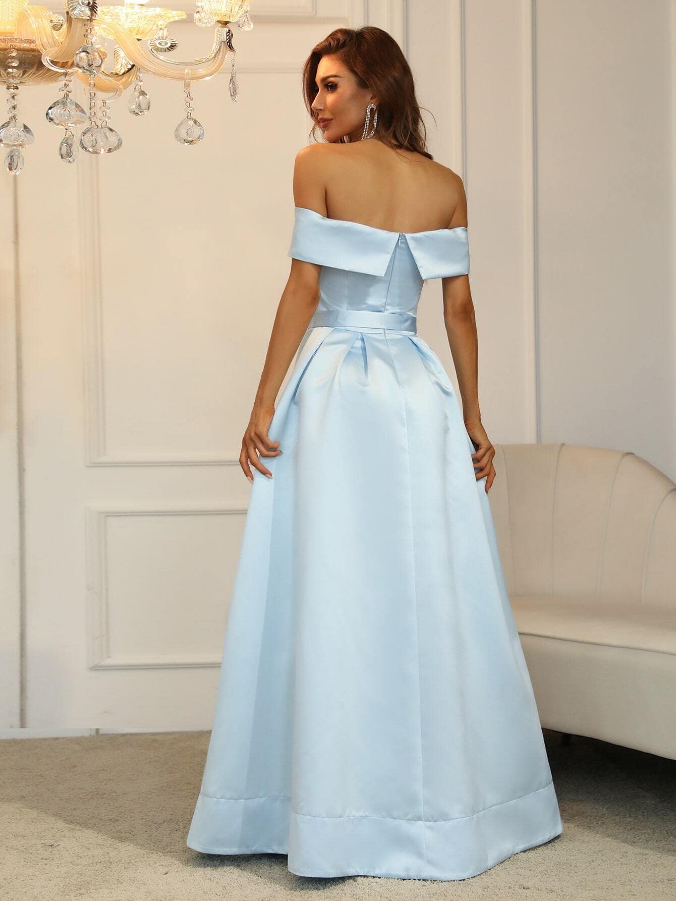 Elegant Off Shoulder Boxy Pleated Split Thigh Prom Dress for Women - Perfect for Evening Parties, Prom Night & Special Occasions