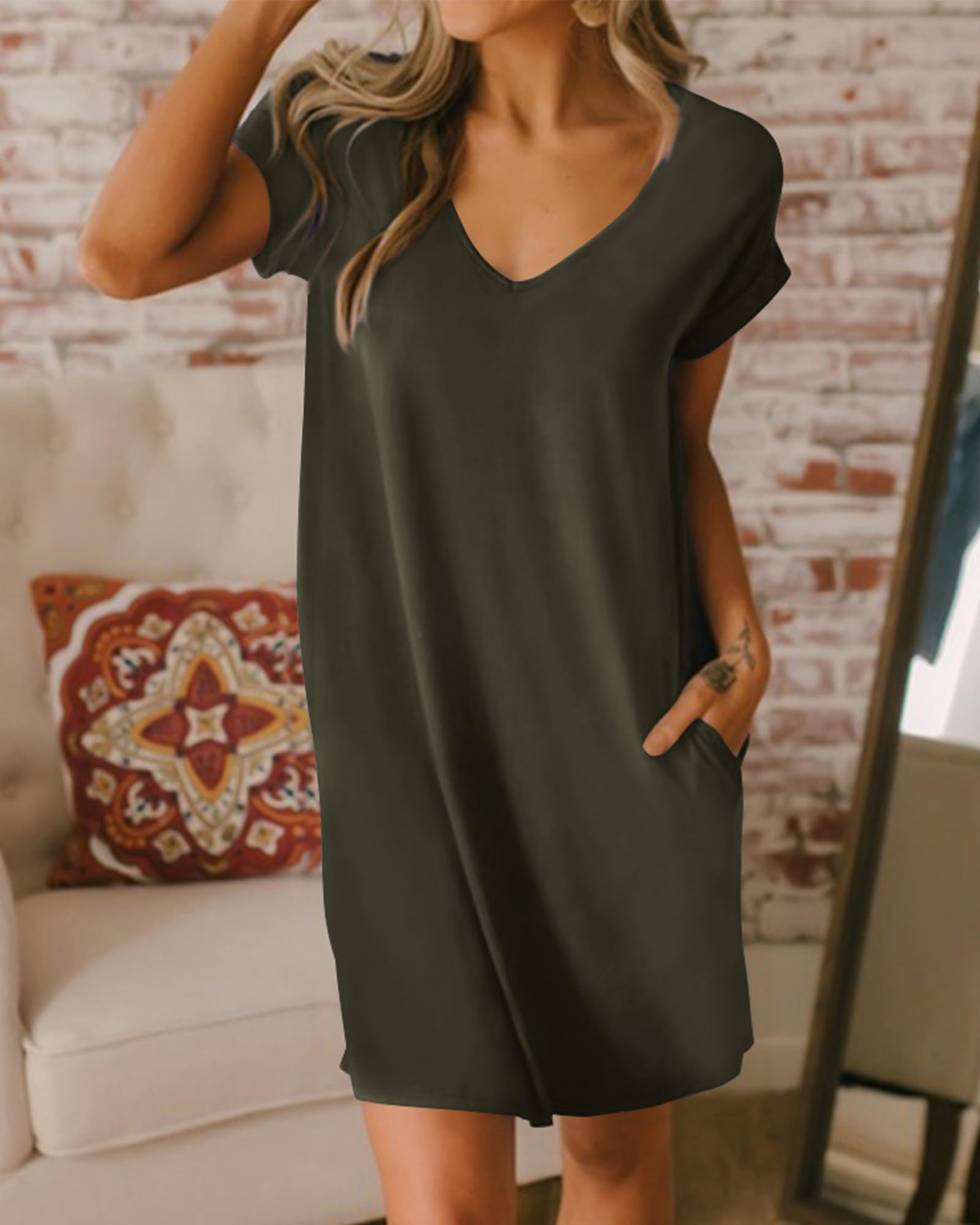 BTFBM Women's V-Neck Short Sleeve Summer Dress 2025 - Casual Loose Tunic T-Shirt Dress with Pockets | Spring Outfits, Beach Wear, Lounge Pajamas & Everyday Comfort