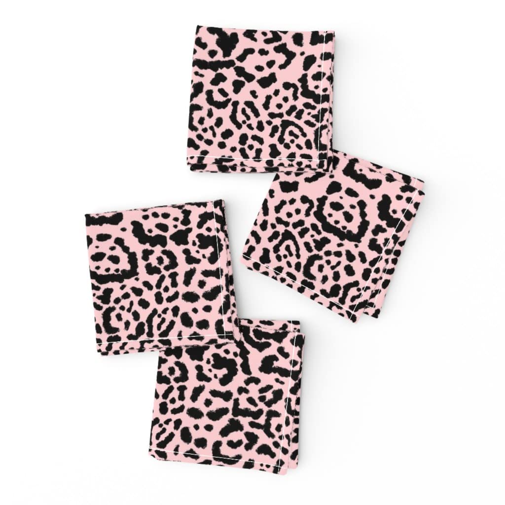 Premium Linen Cotton Canvas Cocktail Napkins Set of 4 - Exotic Jaguar Print in Peach Pink with Wild Animal Spots | Leopard Cat Design | Perfect for Parties, Weddings, and Home Decor