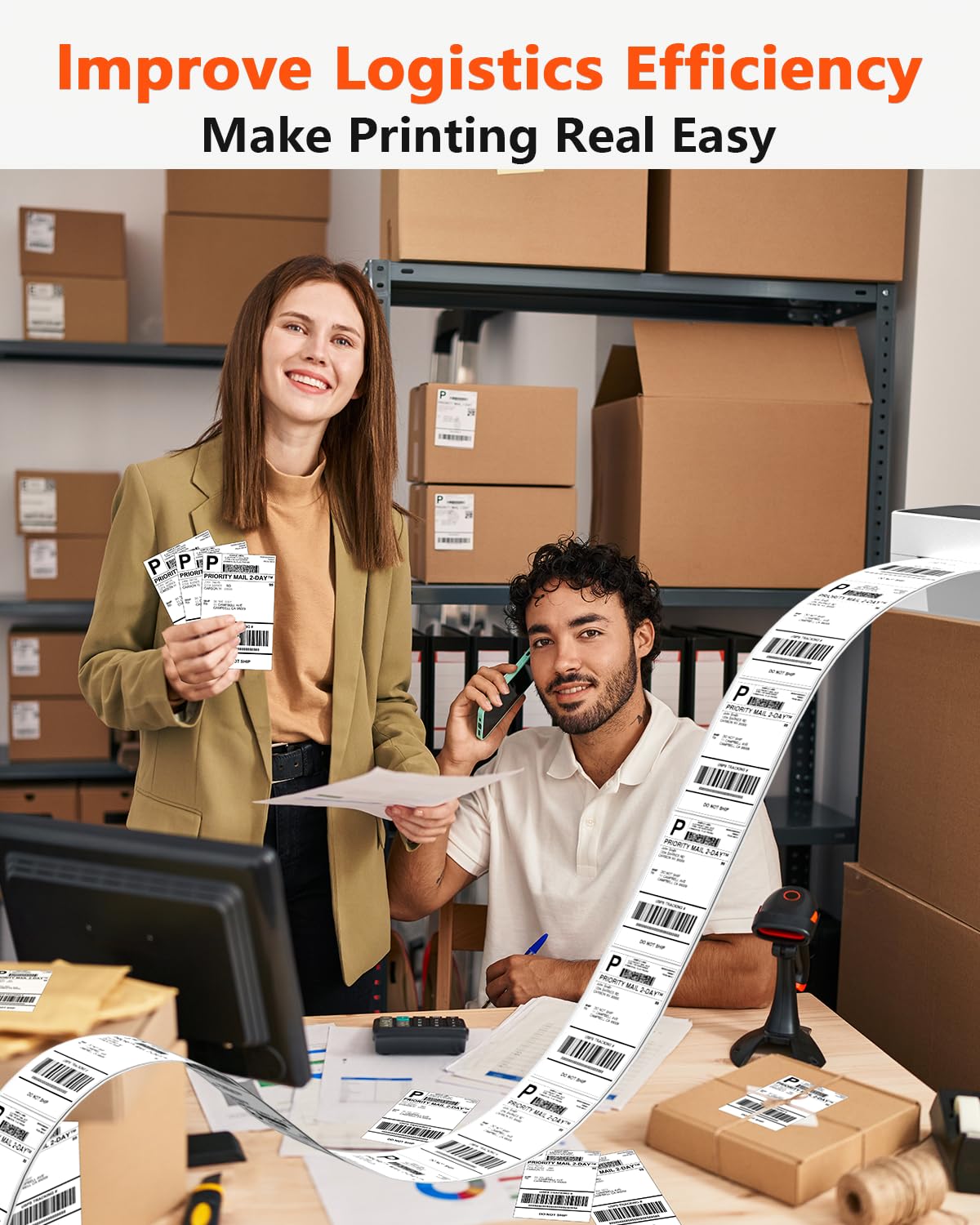 Phomemo 4x6 Thermal Direct Shipping Labels - 4''x6'' Fan-Fold Labels (500/Pack) - Compatible with Rollo, MUNBYN, Zebra & Fargo Label Printers - Perfect for E-commerce, Small Business & Home Shipping Needs