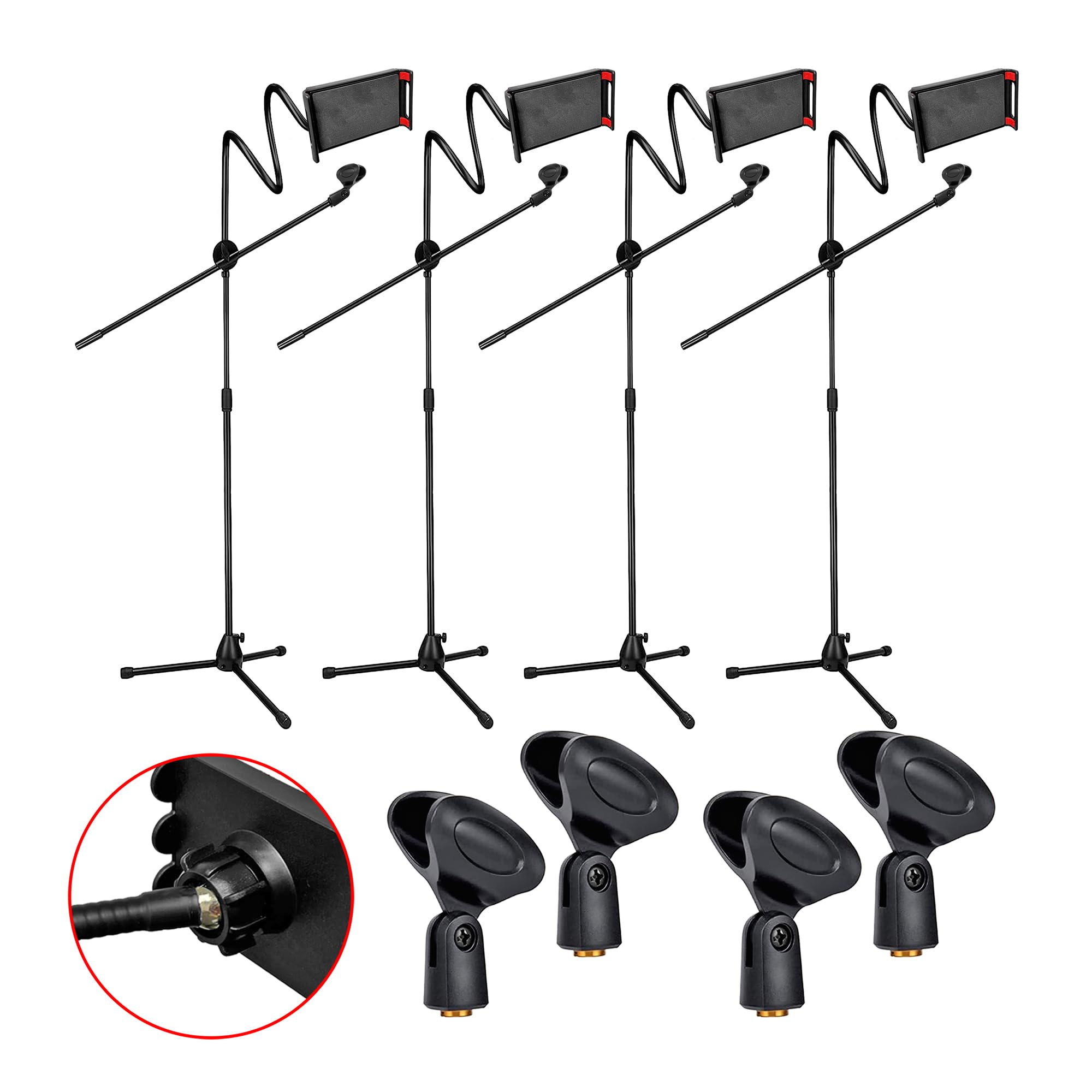 5-Pack Adjustable Gooseneck Microphone Stand with Tablet & Phone Holder - Collapsible Tripod Boom Mic Stand with Clip & Clamp for Singing, Karaoke, Studio Recording - Perfect for Home Studios, Podcasting & Live Streaming (MS MOB 4PCS)