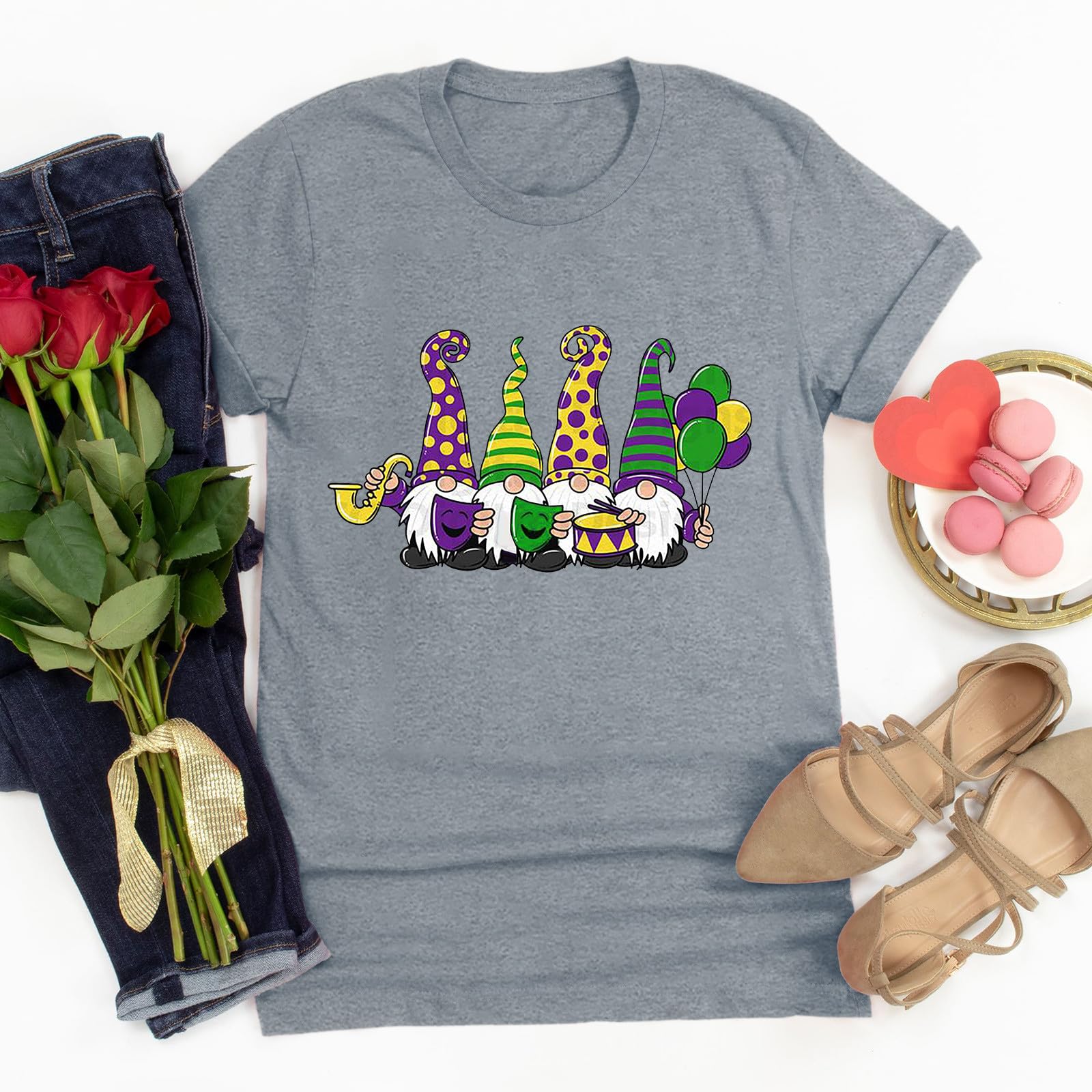 Funny Mardi Gras Print T-Shirts for Women - Short Sleeve Round Neck Carnival Theme Tops | Perfect for Mardi Gras Parties, Festivals & Costume Events