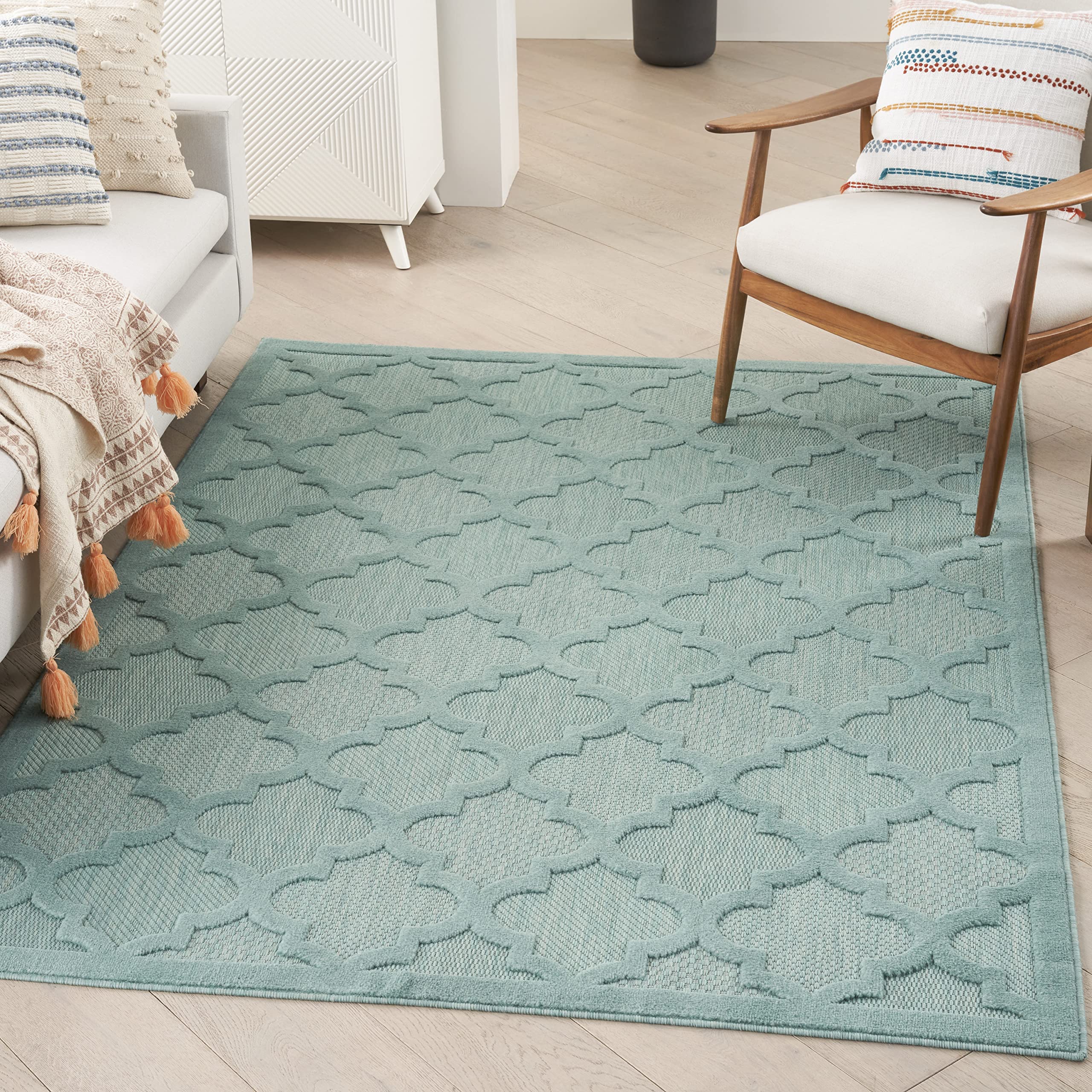 Nourison Easy Care Moroccan Aqua/Teal 6' x 9' Area Rug - Trellis Pattern, Stain Resistant & Non-Shedding for Easy Cleaning | Perfect for Living Room, Bedroom, Dining Room, Backyard, Deck & Patio Decor (6x9)