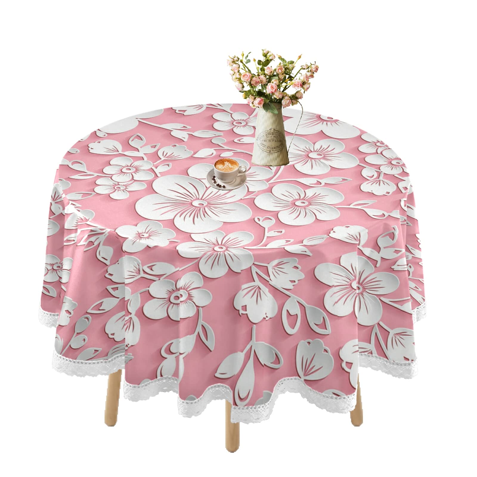 MCHIVER Sakura Flower Pink Waterproof Round Tablecloth - 60 Inch Spillproof Lace Table Cover for Outdoor Dining, Holiday Parties, Picnics & Kitchen Decor | Elegant & Durable for Any Occasion