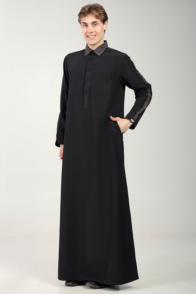 Kashibo Dual Tone Thobe with Shirt Collar & Contrast Detailing - Premium Black Islamic Robe for Men | Perfect for Eid, Ramadan & Special Occasions