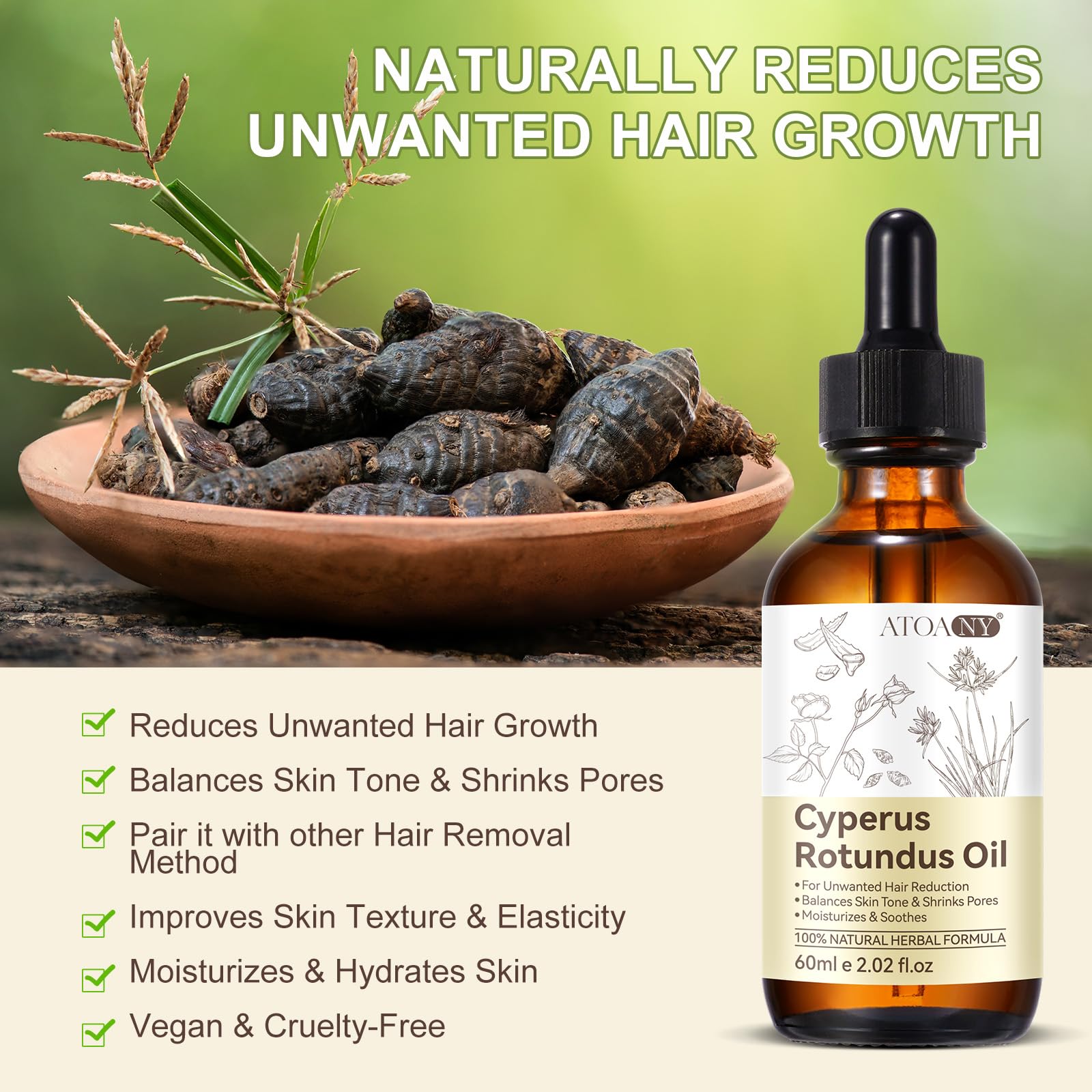 **Pure Natural Cyperus Rotundus Oil for Hair Removal - Reduces Body Hair Growth, Moisturizes & Soothes Skin - Ideal for DIY Waxing, Post-Shaving Care & Sensitive Skin**