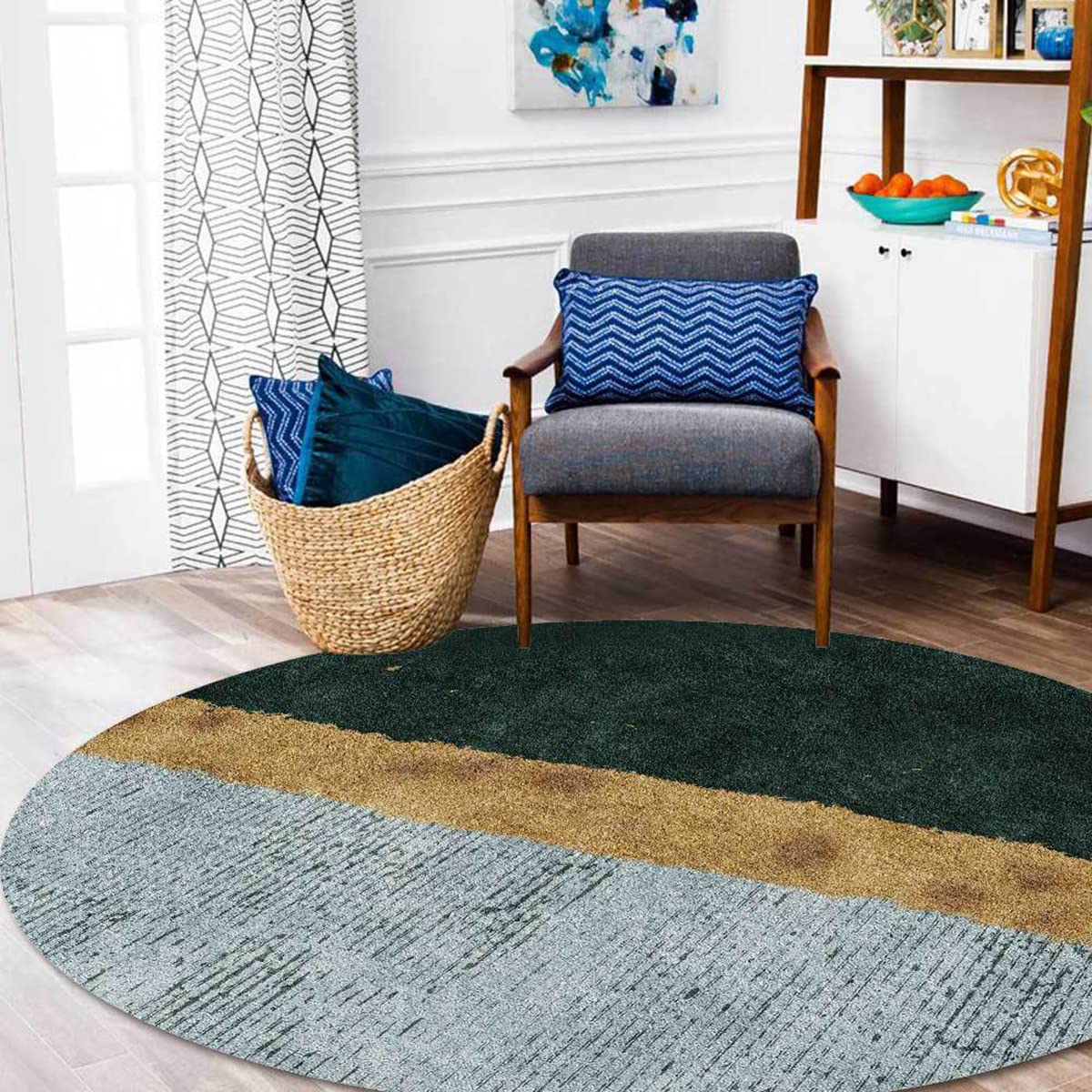 Modern Abstract Geometric Area Rug - 7ft Forest Green Washable Round Rug for Living Room, Bedroom, Home Office, Entryway | Retro Coffee Table Mat, Dining & Kitchen Runner | Funky Circle Decor Rug for Cozy Home Vibes