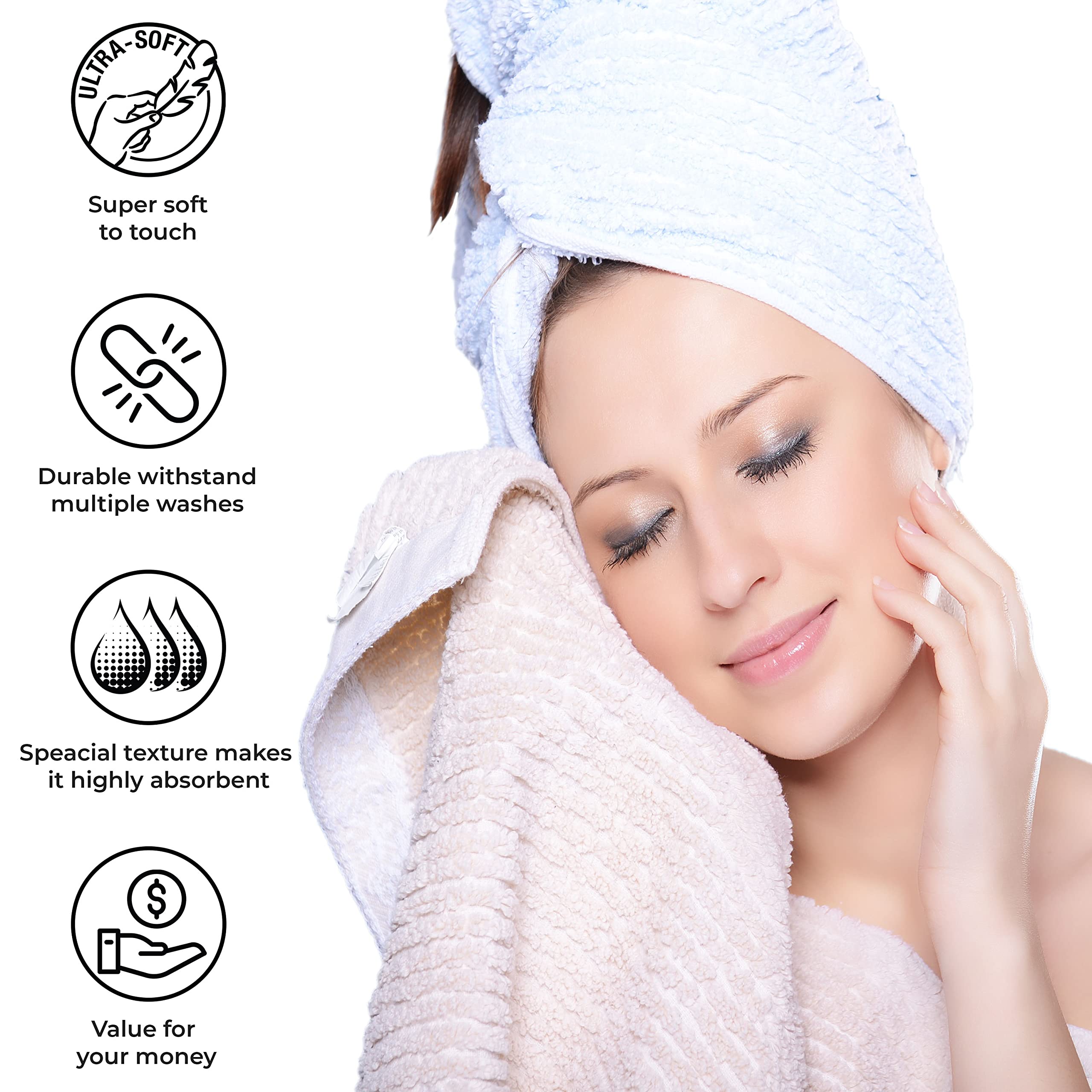 Bluenilemills 12-Piece Super Absorbent Cotton Bath Towel Set with Ribbed Border - Soft & Quick-Drying - Perfect for Bathroom, Spa, Gym & Beach (Azure Blue)