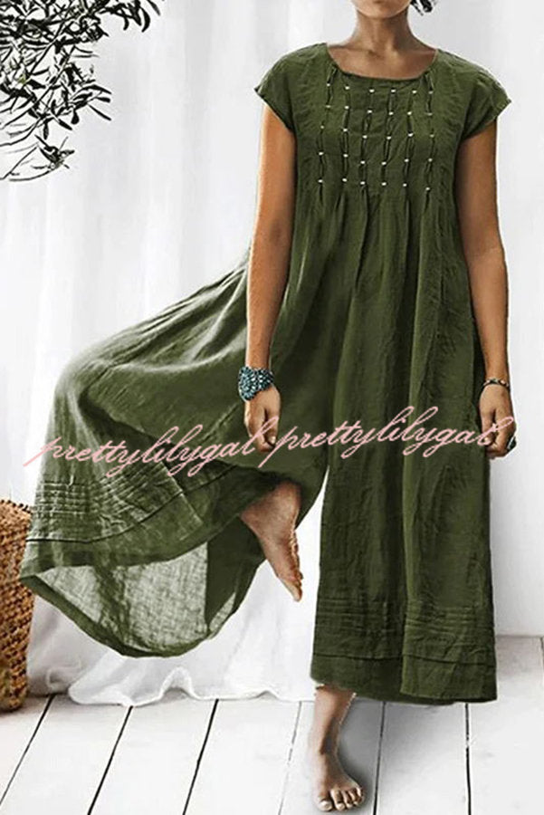 Tina Women's Short Sleeve Ruched Detail Wide Leg Jumpsuit - Casual Summer Outfit for Beach, Vacation & Date Night