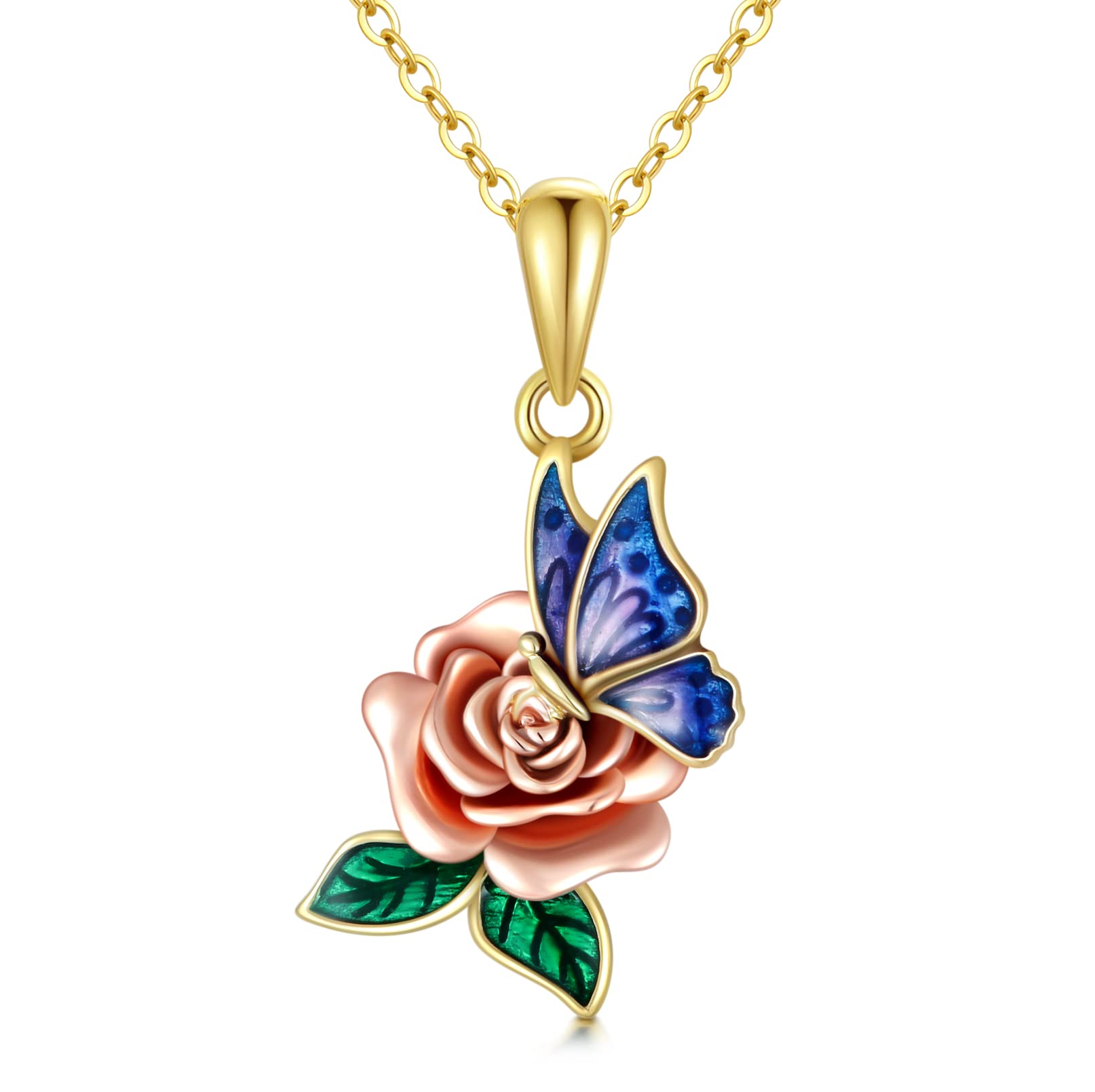 SISGEM 10K Real Gold Butterfly Rose Pendant Necklace for Women - Yellow & Rose Gold Floral Jewelry, Dainty Rose Butterfly Necklace Gift for Birthday, Christmas, Anniversary (16+1+1 Inch) - Perfect for Everyday Wear, Date Nights & Special Occasions