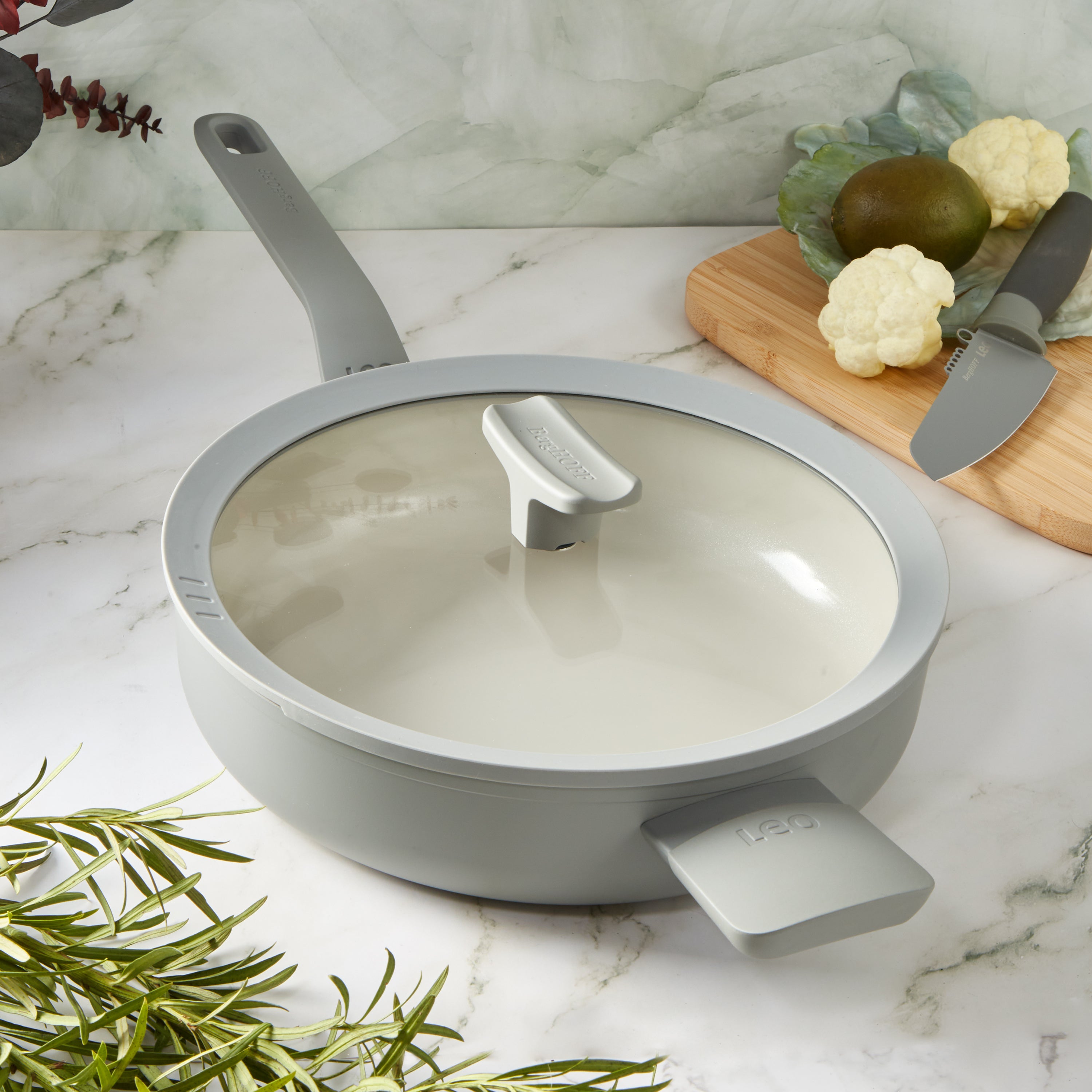 BergHOFF Leo Balance 5-Piece Nonstick Aluminum Cookware Set with Glass Lids in Moonmist - Perfect for Sauteing, Frying & Everyday Cooking