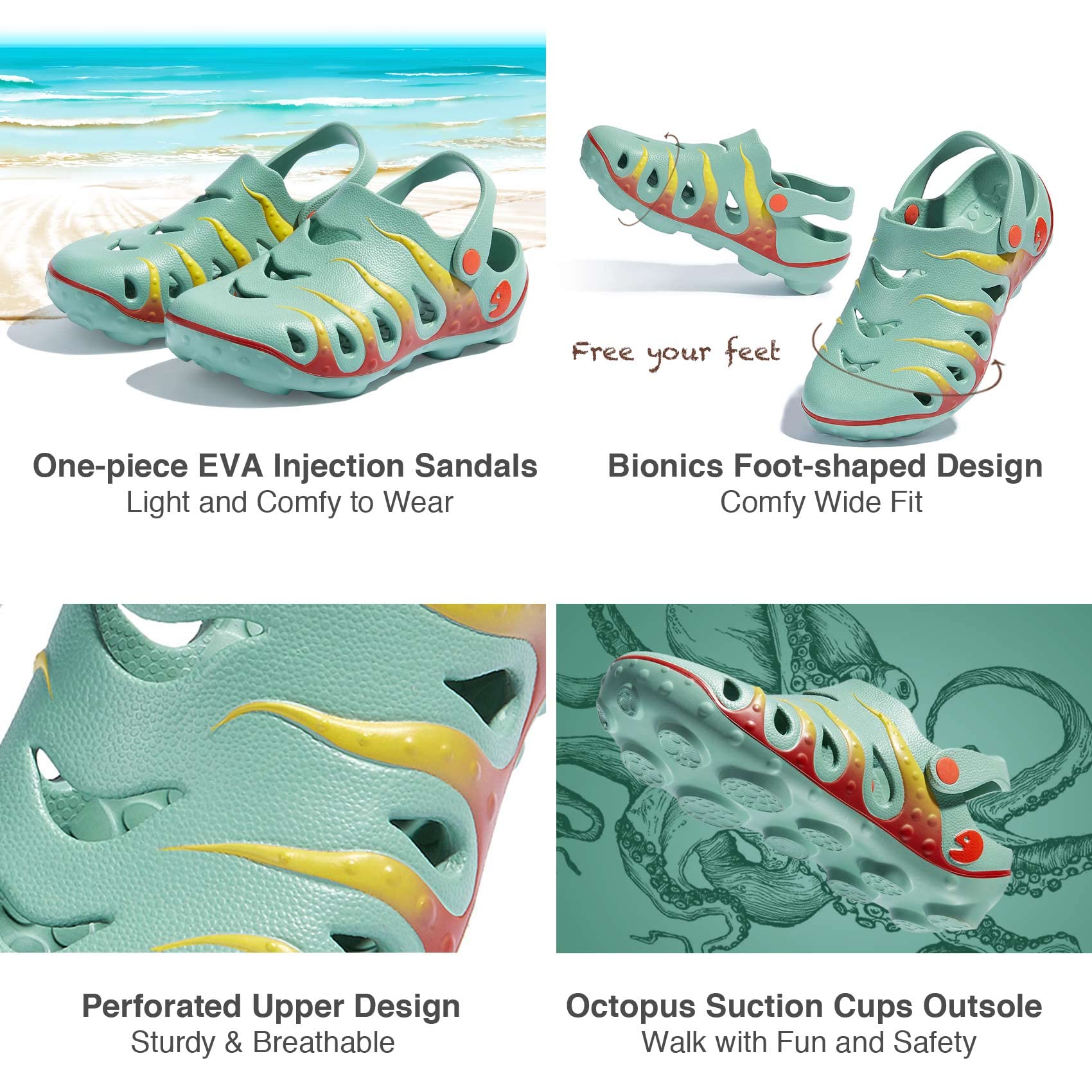 UIN Women's Slip-On Garden Clogs - Comfortable Beach Sandals & Outdoor Slippers with Octopus Design | Perfect for Gardening, Beach Walks, and Casual Wear