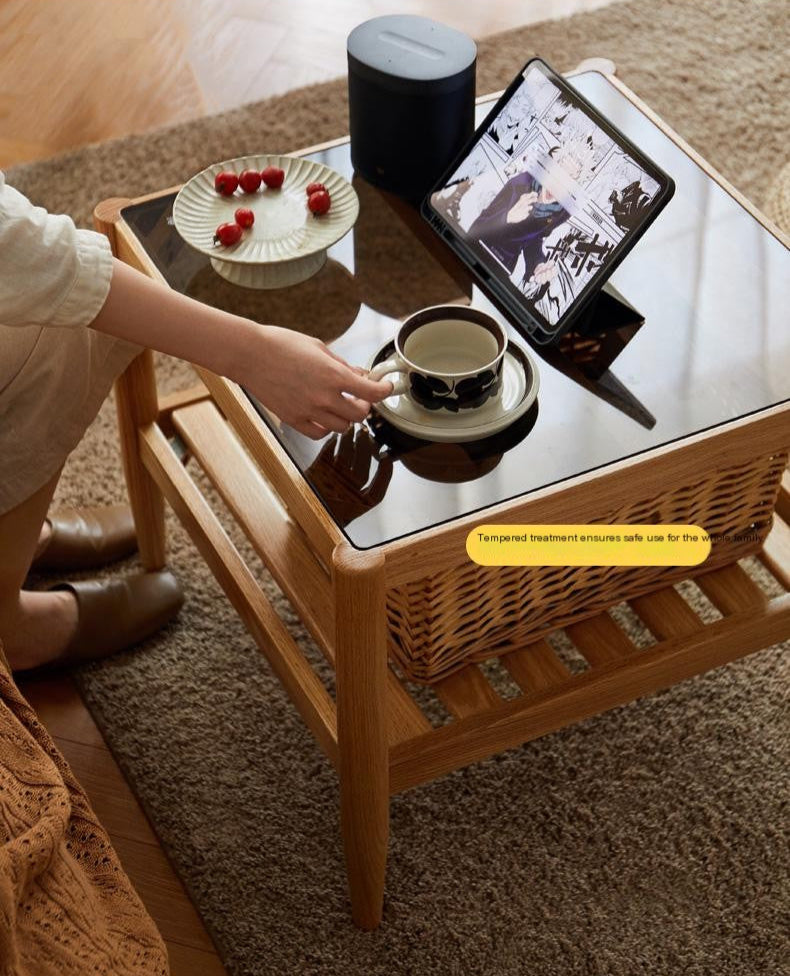 Modern Oak Solid Wood Nordic Glass Coffee Table - Minimalist Living Room Furniture for Small Spaces, Home Decor, and Cozy Gatherings