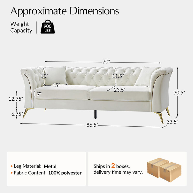 Modern Luxury Glam Velvet Sofa with Tufted Buttons & Gold Metal Accents - Elegant Living Room Furniture for Home Decor, Lounge & Entertaining