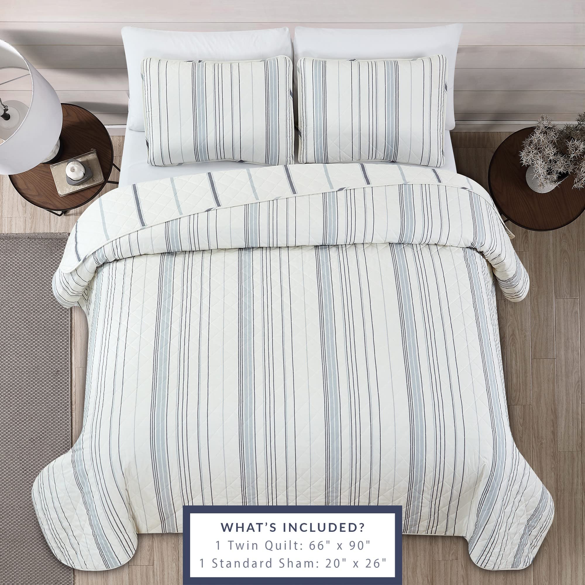 Reversible 2-Piece Quilt Set with Sham - All-Season Soft Lightweight Bedspread, Modern Striped Pattern - Sofia Collection (Twin, Ivory/Grey) | Perfect for Guest Rooms, Dorm Decor & Cozy Bedroom Makeovers