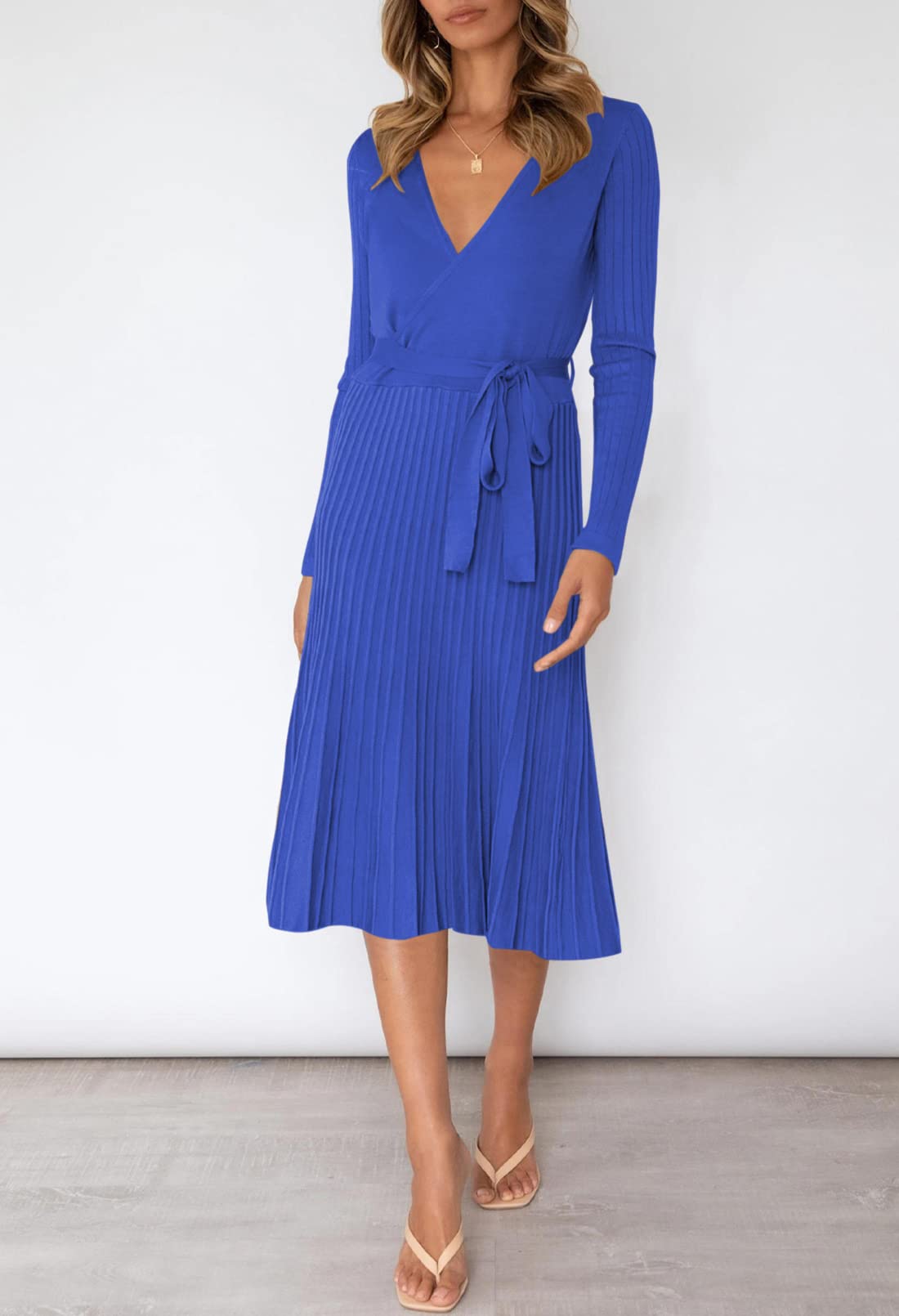 Pink Queen Women's V-Neck Long Sleeve Ribbed Knit Wrap Sweater Dress with Belt | Casual Midi Swing Dress for Fall Winter Office Wear & Date Night Outfits