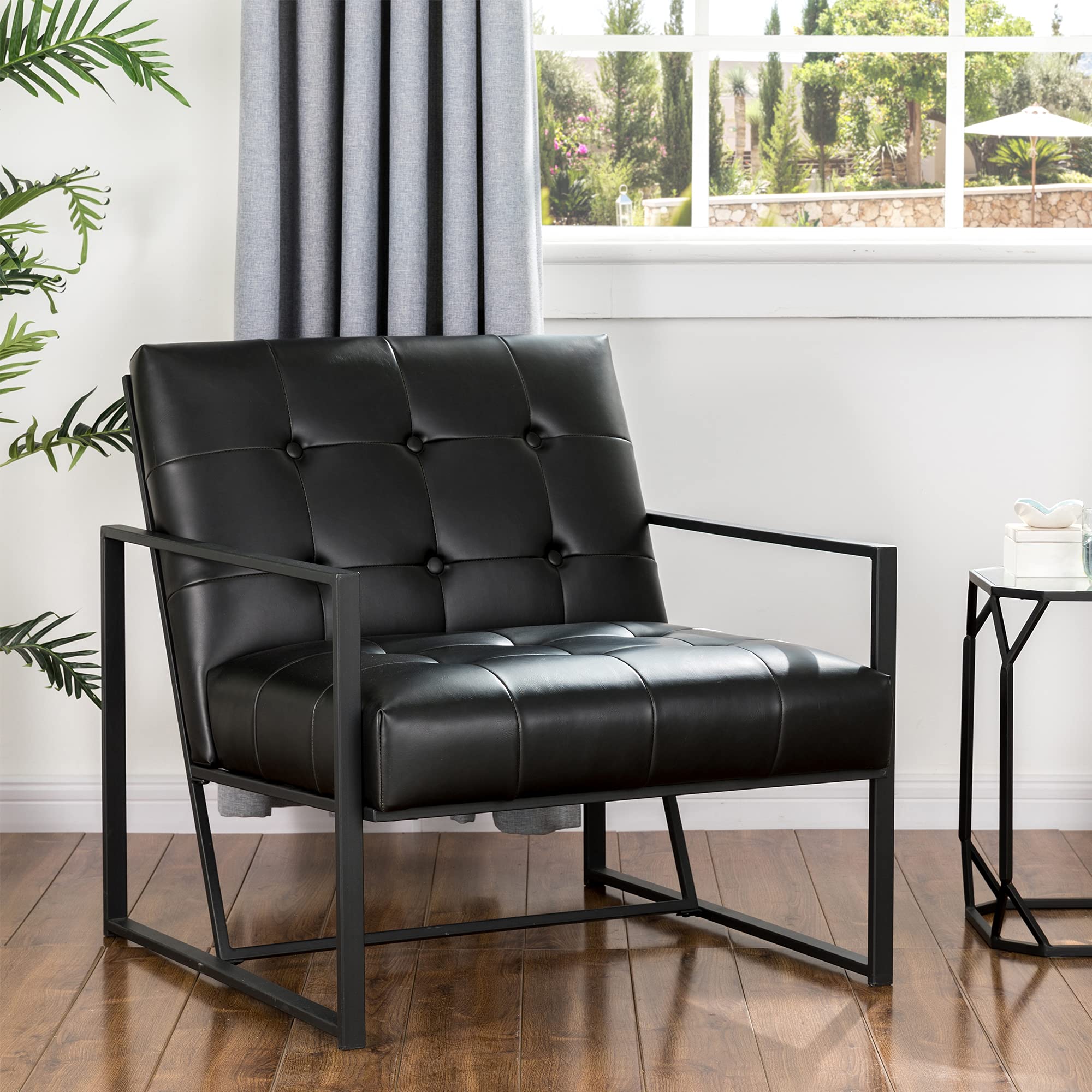 Mid Century Modern Accent Chair - PU Leather Cushioned Living Room Armchair with Durable Metal Frame for Bedroom, Home Office & Reading Nook - Black Glitzhome Contemporary Seating Solution