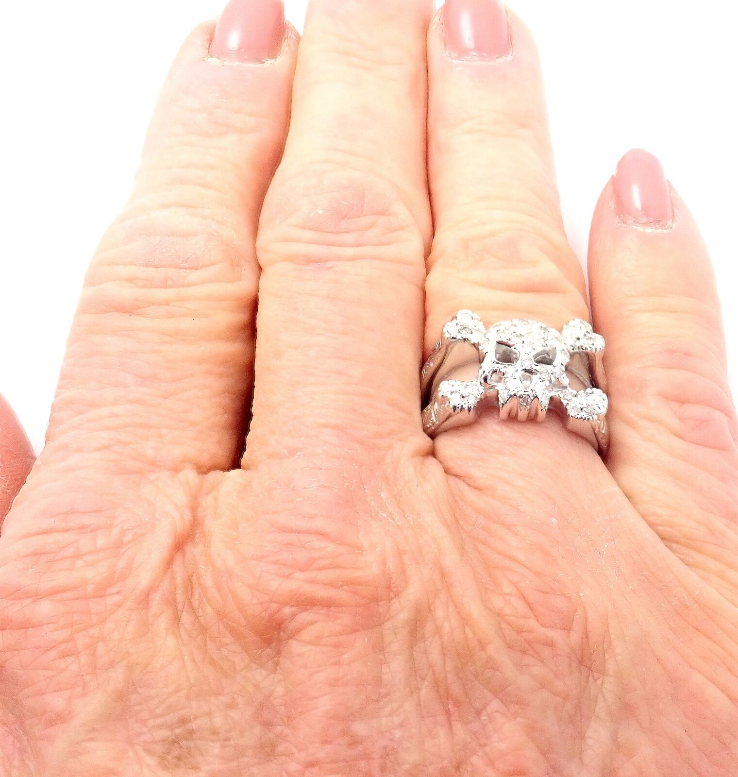 Authentic Loree Rodkin 18k White Gold Diamond Skull & Crossbones Ring - Luxury Gothic Jewelry for Men & Women - Perfect for Halloween, Punk Fashion & Statement Jewelry
