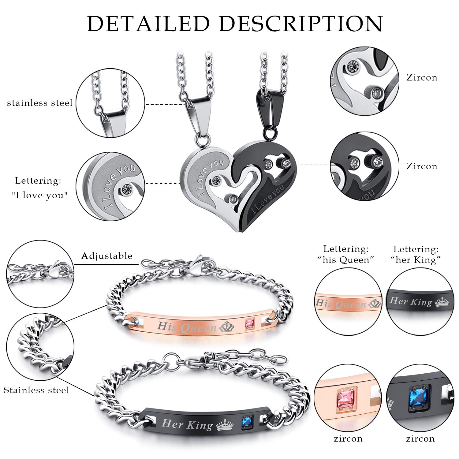 **Cupimatch 2 Pairs Couple Matching Necklace & Bracelet Set - Adjustable Stainless Steel I Love You Heart Puzzle Necklace & His Hers Bracelets - King & Queen CZ Relationship Jewelry for Anniversaries, Valentine's Day & Romantic Gifts**