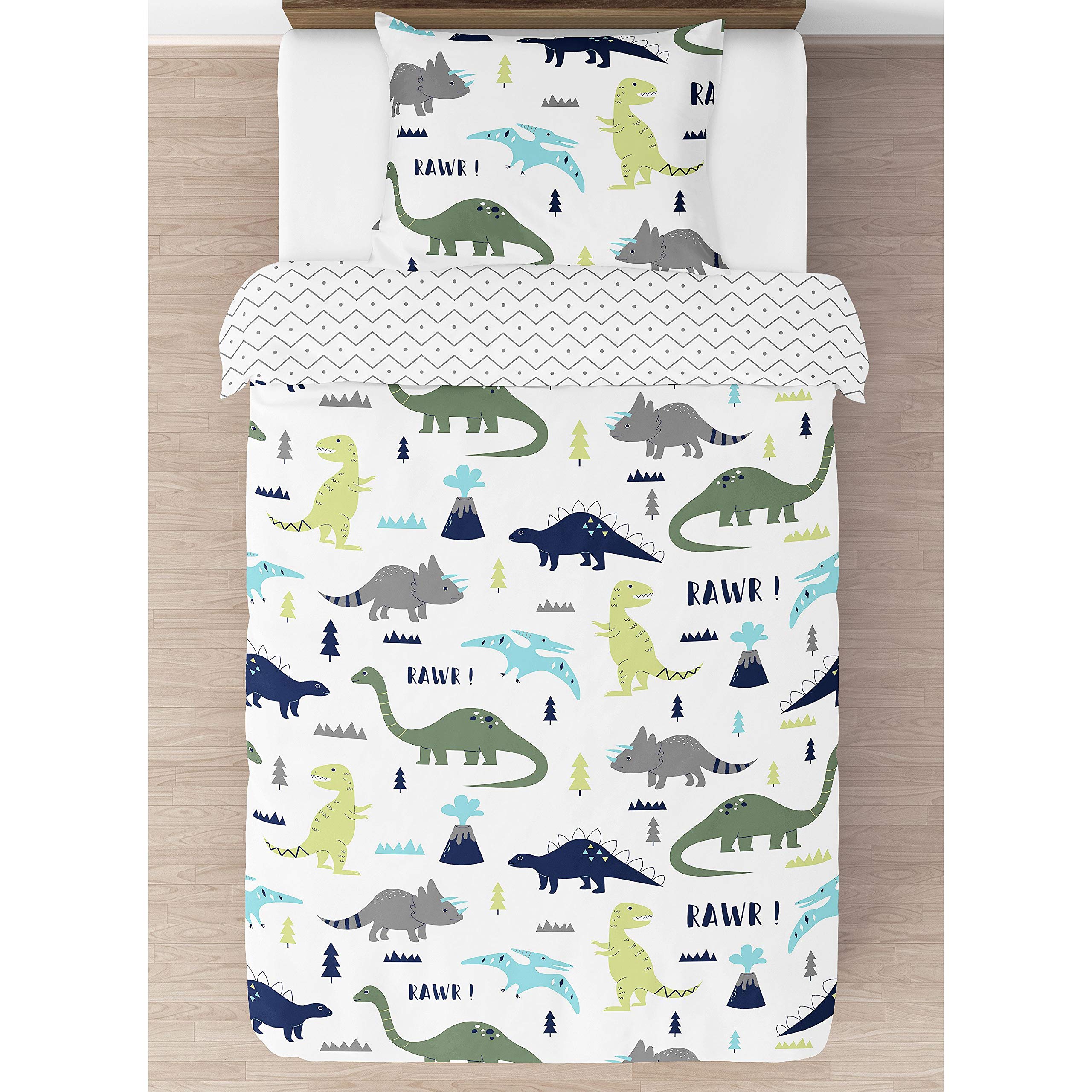 Modern Navy Blue & Green Dinosaur 4-Piece Twin Bedding Set for Boys & Girls - Kids' Bedroom Decor, Dino Themed Room, Teen Bedroom Essentials, Soft & Comfortable Bed Sheets for Children's Room