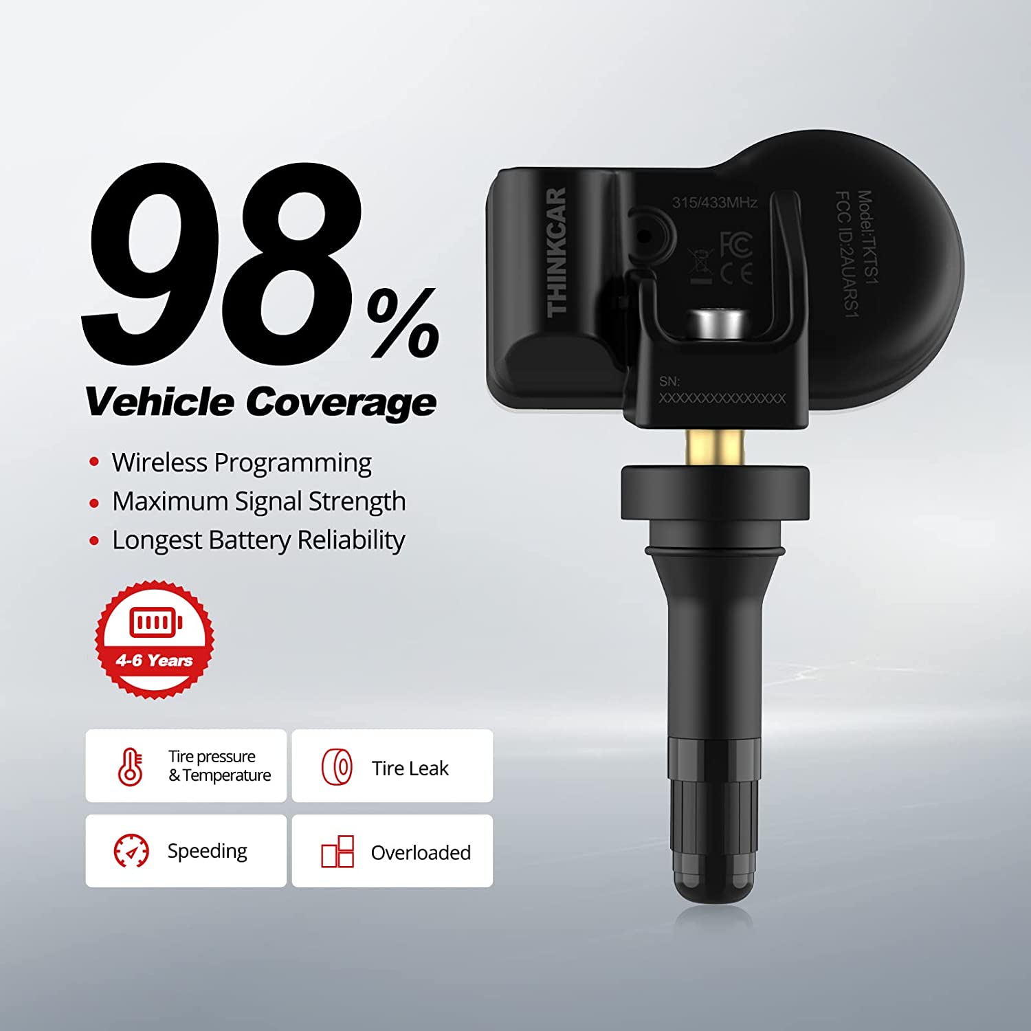 ThinkTPMS S1 Rubber Stem TPMS Sensor 315/433 MHz - Universal Tire Pressure Monitoring System for Cars, Trucks & SUVs - Easy DIY Installation for Safe Driving & Better Fuel Efficiency