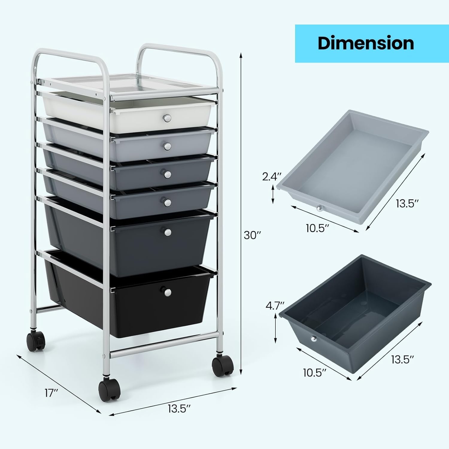 LDAILY 6-Drawer Rolling Storage Cart with Lockable Wheels - Multifunctional Mobile Organizer for Office, School & Home - Gradient Grey - Perfect for Classroom Supplies, Craft Storage & Kitchen Organization