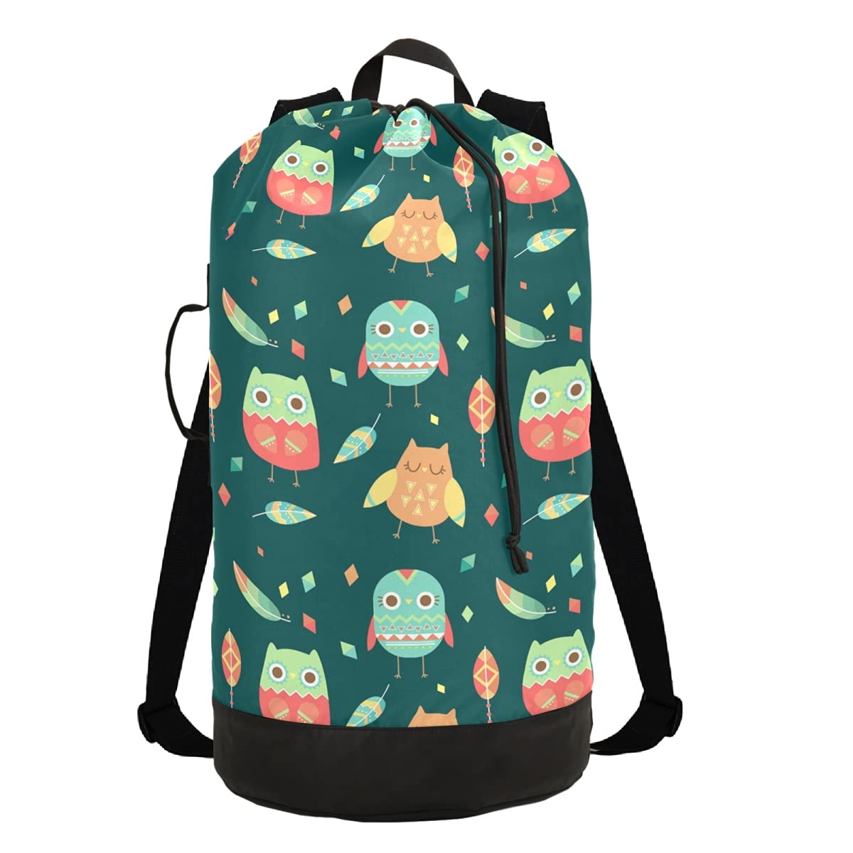 Cartoon Owls Leaf Laundry Backpack with Adjustable Shoulder Straps & Drawstring Closure - Heavy Duty Dirty Clothes Organizer for Laundry Room, Dorm, Travel & Camping