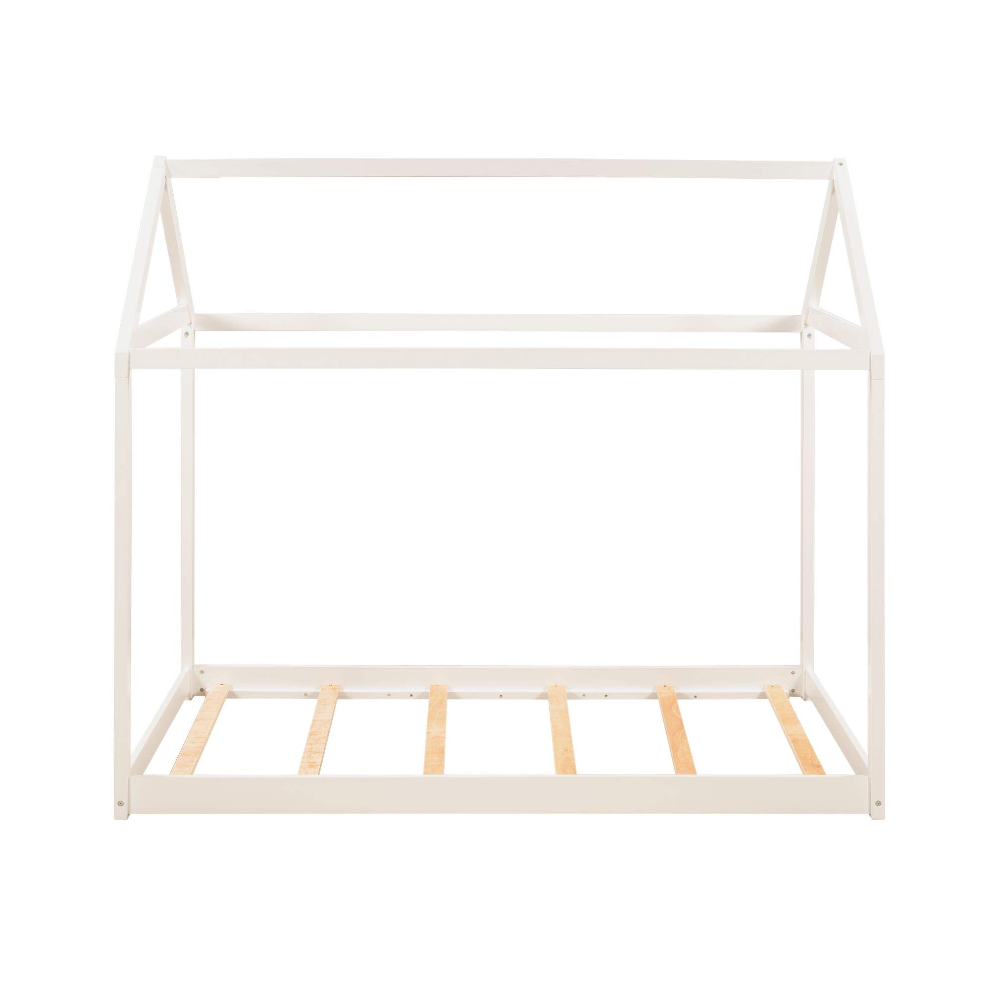 **Sturdy Twin House Bed with Roof & Slat Support - Low Platform Daybed for Toddlers & Teens - White Children's Bedroom Furniture - Perfect for Nursery, Playroom & Kids' Bedroom Decor**