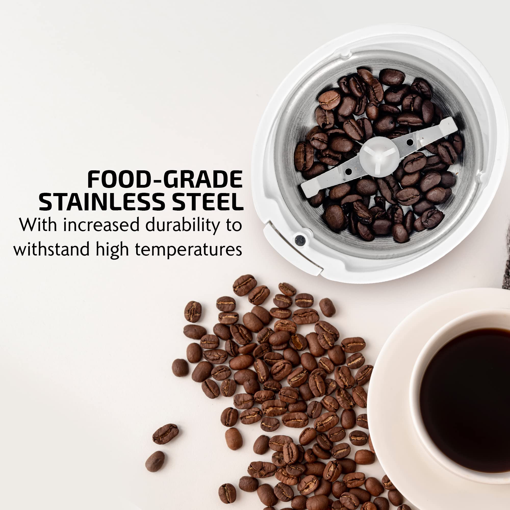 OVENTE Electric Coffee Grinder for Beans, Spices & Herbs - 2.5Oz Compact Stainless Steel Blade Mill with Pulse Button & Clear Lid - Perfect for Fresh Coffee, Spice Blends & Cooking - White CG225W
