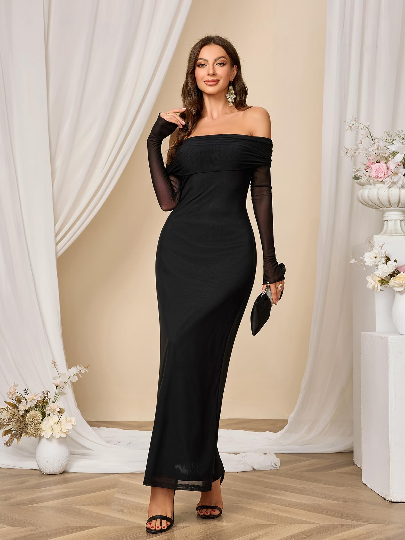 Colysmo Women's Long Sleeve Mesh Off Shoulder Bodycon Maxi Dress - Elegant Formal Wedding Guest & Party Gown for Evening Events, Prom, Cocktail Dinners