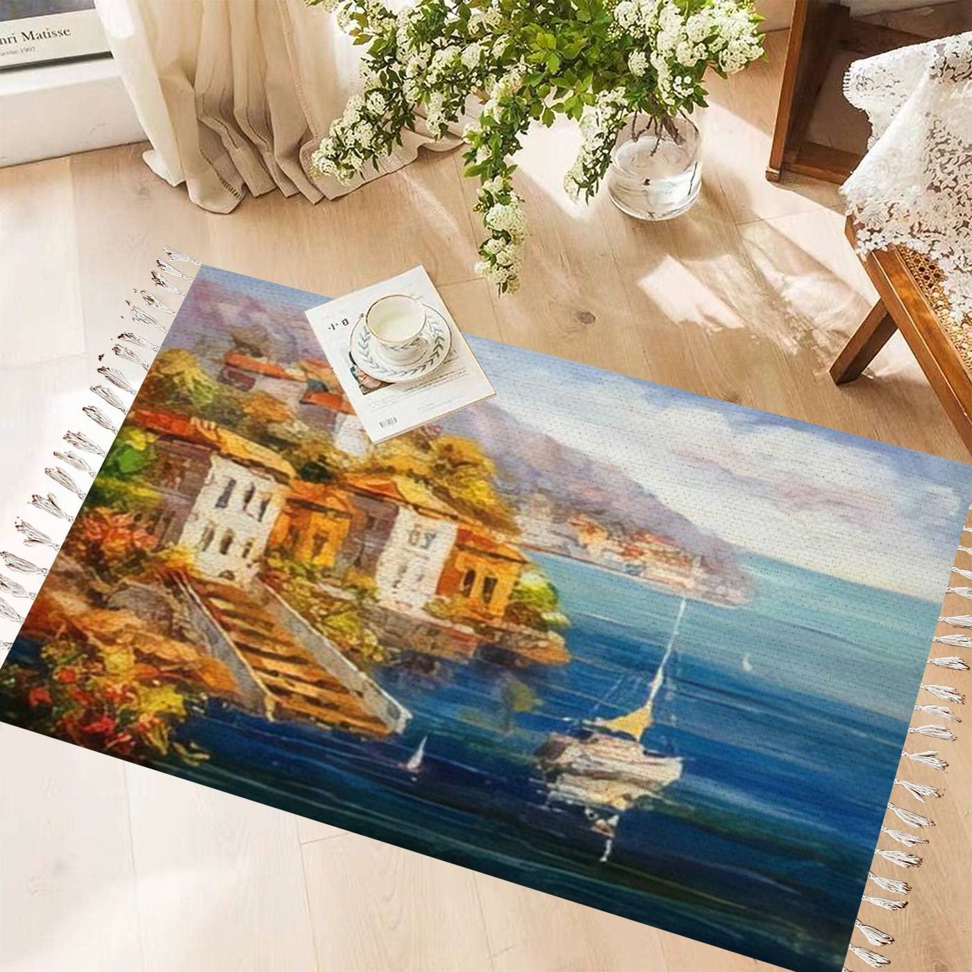 Vintage Cotton Linen Tassel Rug with Greece Harbor Oil Painting Design - Boho Chic Washable Woven Area Rug for Kitchen, Bathroom, Outdoor & Indoor Decor - Perfect for Living Room, Bedroom, or Patio Floor Mat