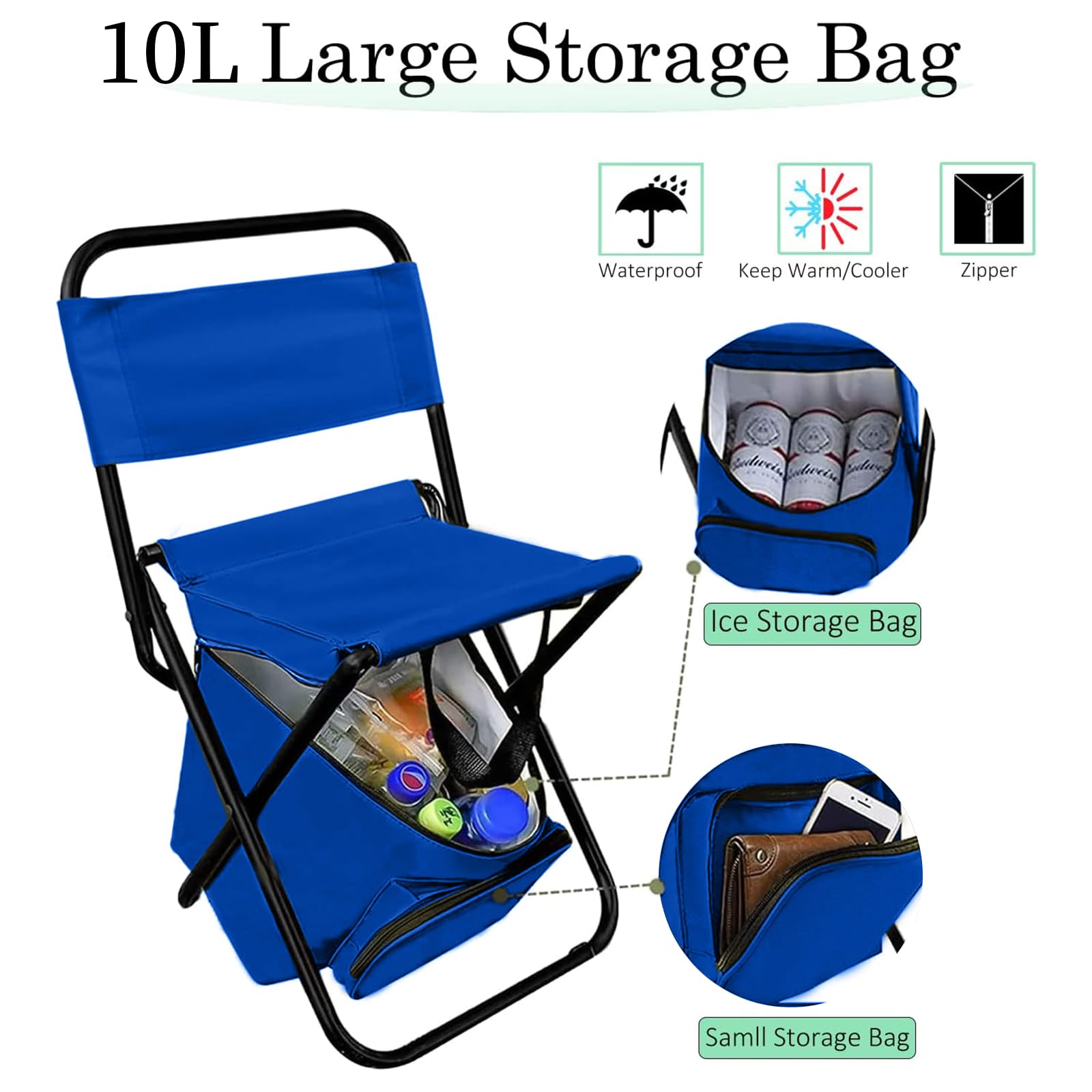Sequpr Foldable Fishing Chair with Cooler Bag & Backrest - Portable Camping Chair for Fishing, Hunting, Hiking - Lightweight Outdoor Gear for Beach, Picnic & Backyard (Blue)