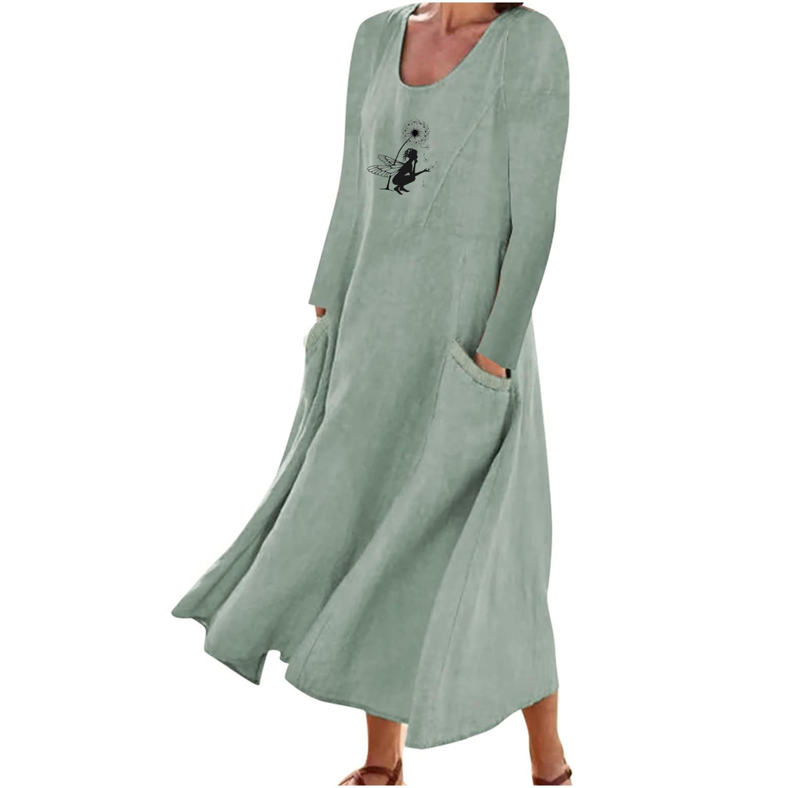 Yihaojia Women's Casual Long Sleeve Loose Cotton Linen A-Line Maxi Dress - Comfortable Fall Boho Style Dress for Daily Wear, Work, Travel & Weekend Outfits