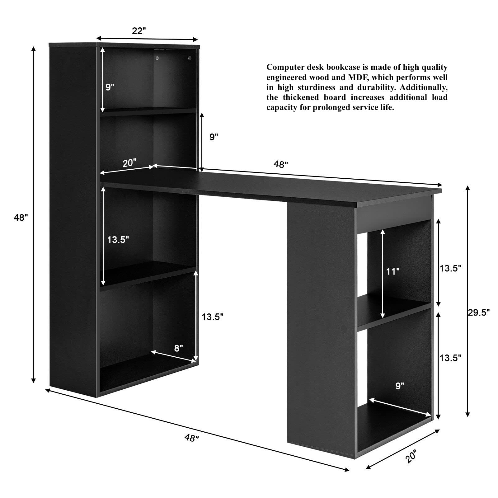 Authentic Black Home Office Computer Desk with Bookcase - 2-in-1 Design, 4-Tier Storage Shelf, Large Workstation for Laptop & PC (48x20x48 Inches) - Perfect for Study, Writing & Reading in Small Spaces