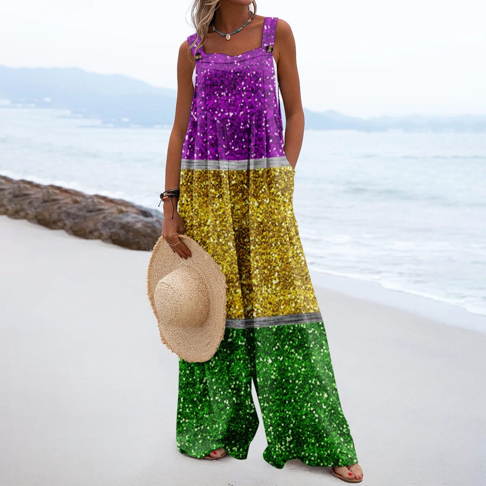 Women's Linen Overalls - Casual Wide Leg Jumpsuit with Pockets for Summer Outings