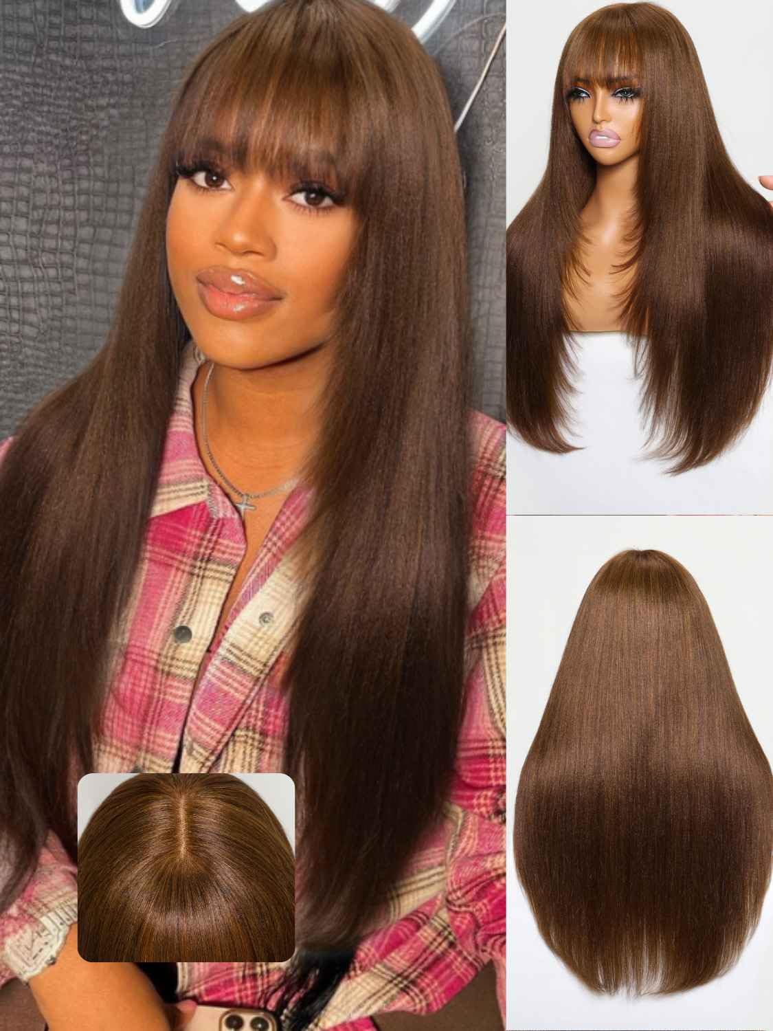 Beauty Forever Chocolate Brown Yaki Straight Human Hair Wig with Bangs - 150% Density 22inch Glueless HD Lace 2x4 Parting #4 Dark Brown | Affordable Layered Cut Ready to Wear Wig for Beginners | Perfect for Daily Wear, Cosplay, and Special Occasions