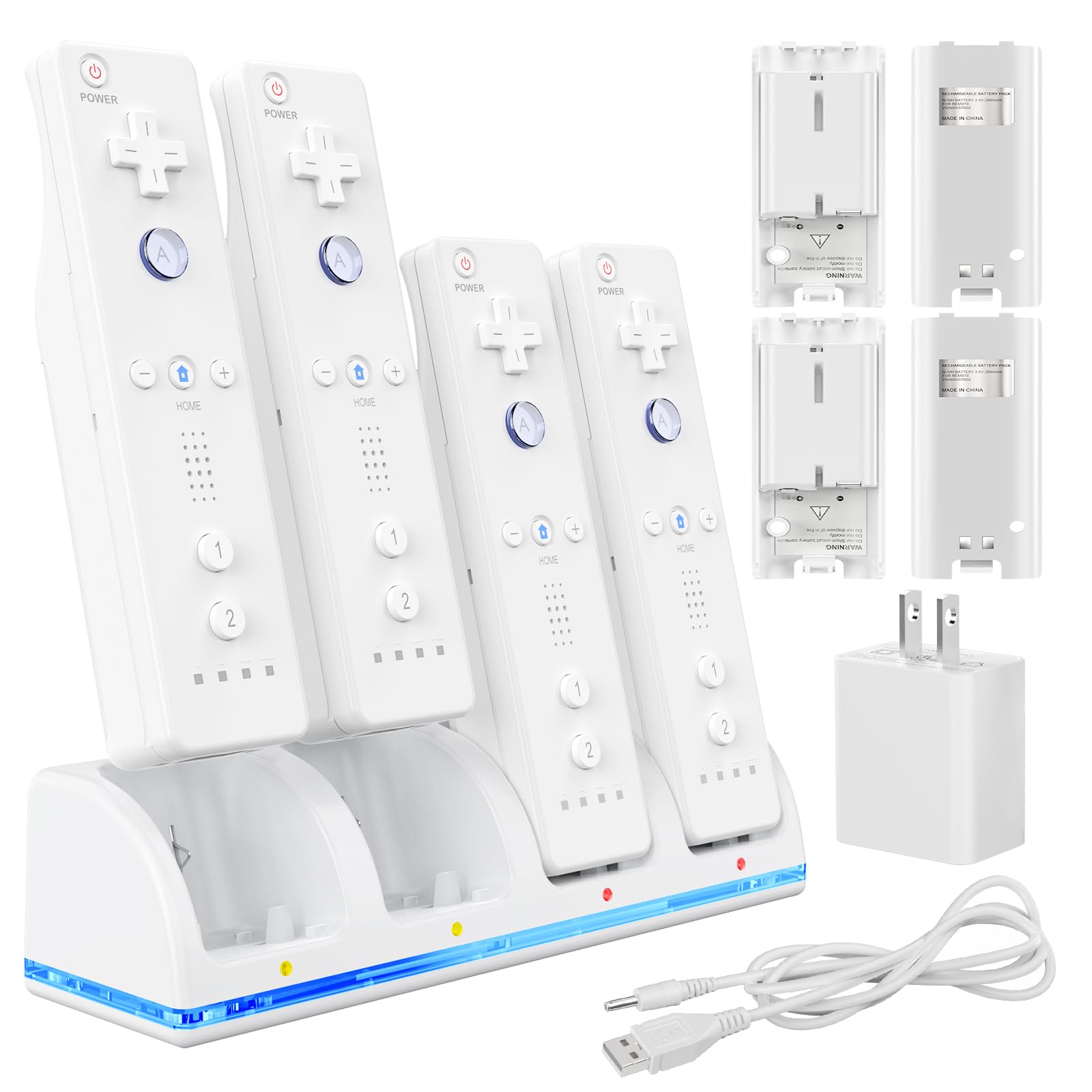 4-in-1 Wii/Wii U Remote Controller Charger Station with 2800mAh Rechargeable Battery Pack - Fast Charging Dock for Wii Controllers (Batteries Included, Remotes Not Included) - Perfect for Gaming Nights & Family Entertainment