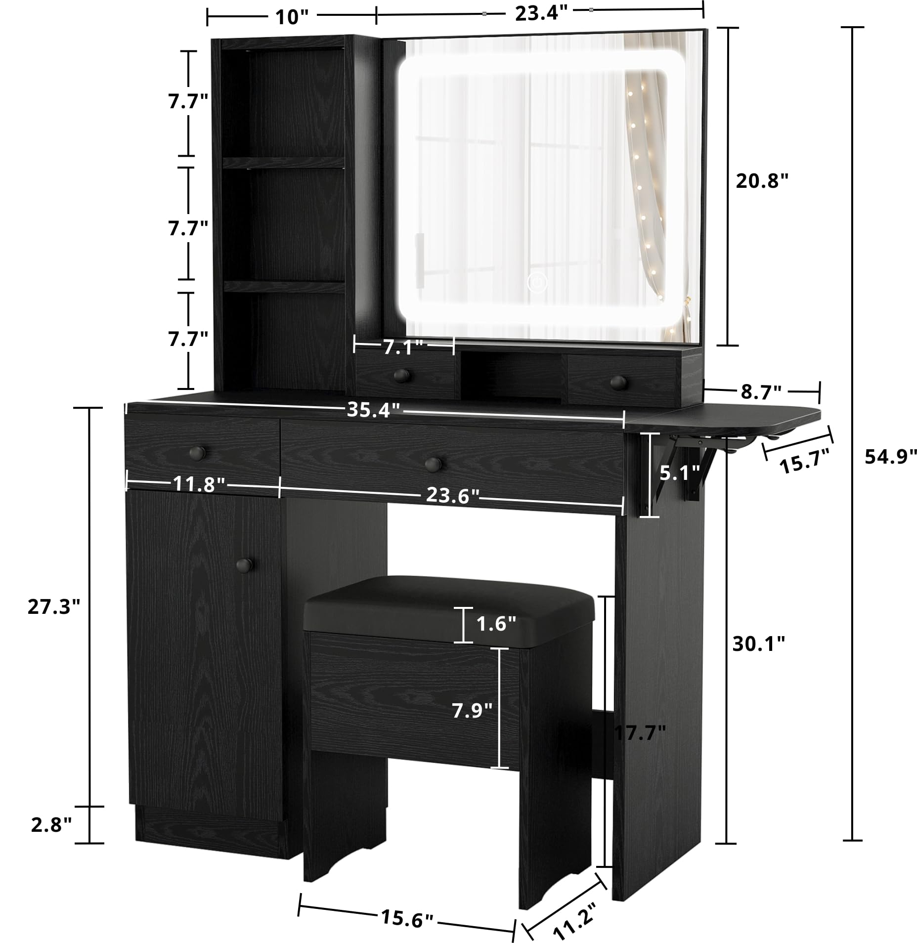 LIKIMIO Vanity Desk Set with LED Lighted Mirror, 3 Drawers & Power Outlet - Modern Black Makeup Dressing Table with Storage Stool - Perfect for Bedroom, Dorm Room & Beauty Salon Organization