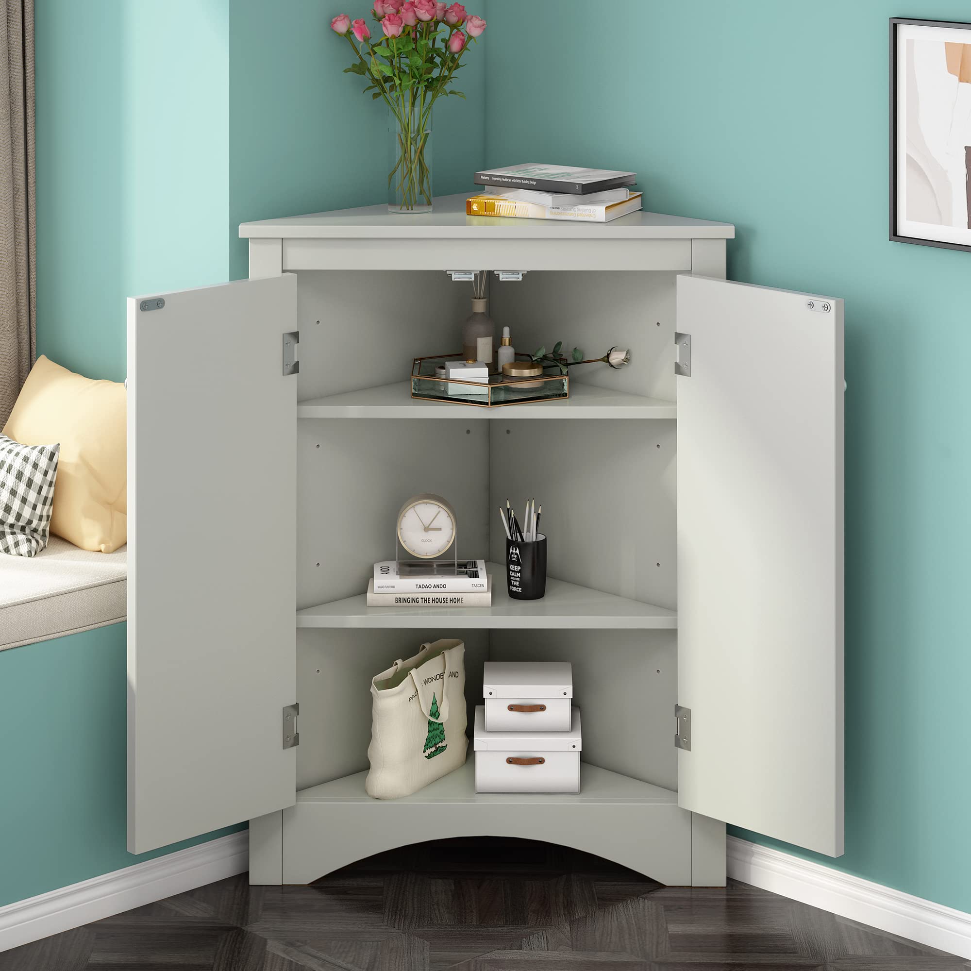 Merax Corner Storage Cabinet - Wood Bathroom Cabinet with 2 Doors & Open Shelves, Easy to Assemble Floor Cabinet for Bathroom, Bedroom, or Living Room Organization