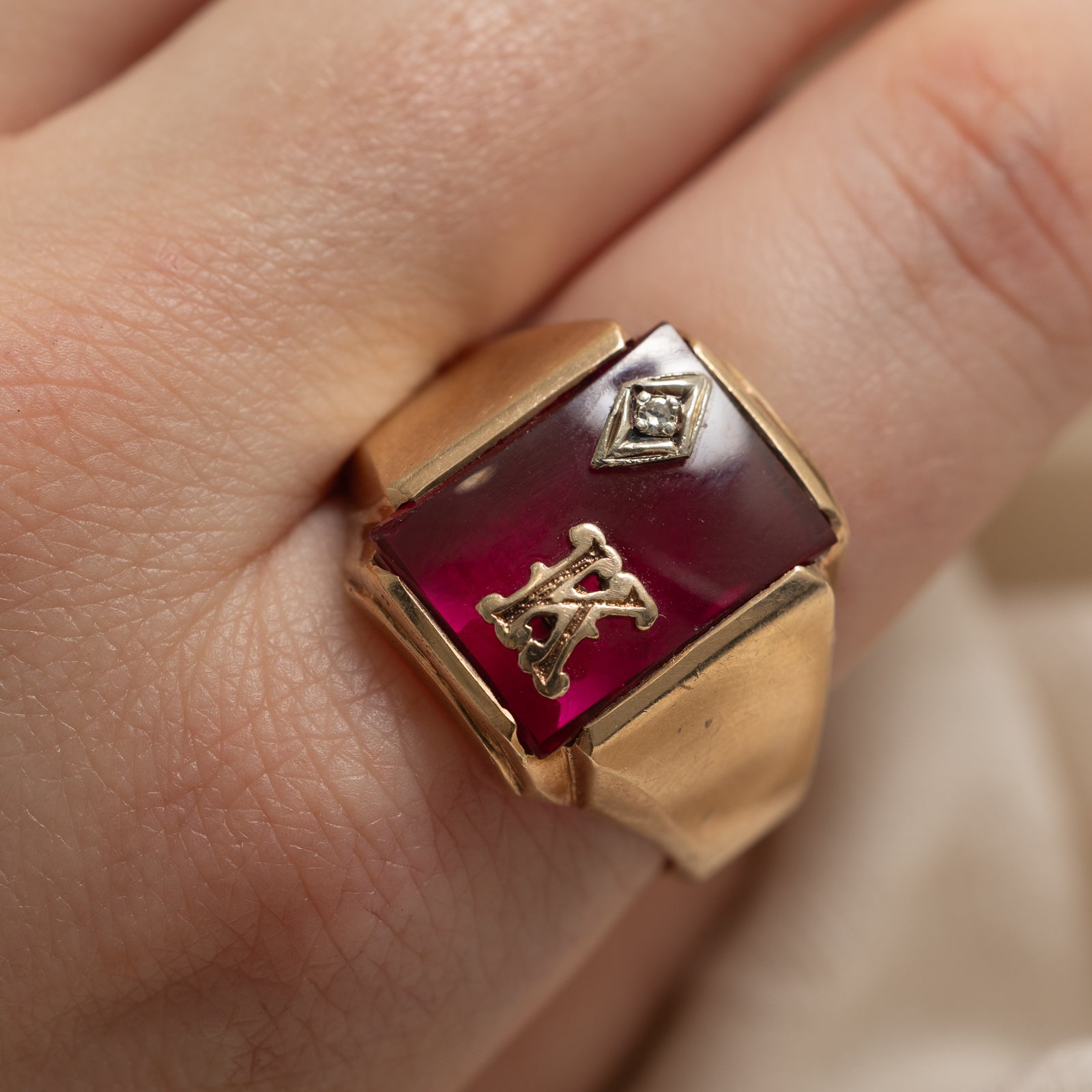 14K Gold Ruby & Diamond 'K' Signet Ring - 3.30ct Ruby & 0.01ct Diamond - Size 13 - Elegant Initial Jewelry for Women, Perfect Gift for Birthday, Anniversary & Special Occasions